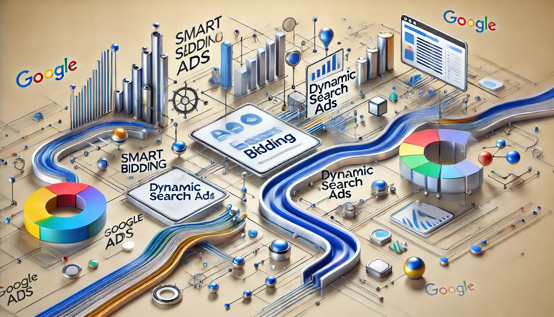 Abstract representation of key features in Google Ads automation with interconnected nodes and algorithmic pathways symbolizing smart bidding and responsive ads