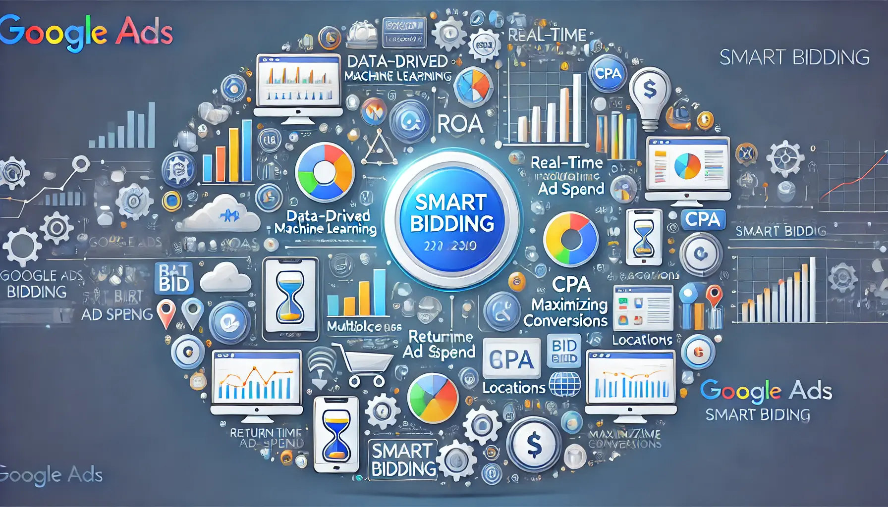 Illustration of key features of Google Ads Smart Bidding, showcasing data-driven machine learning and real-time bid adjustments.