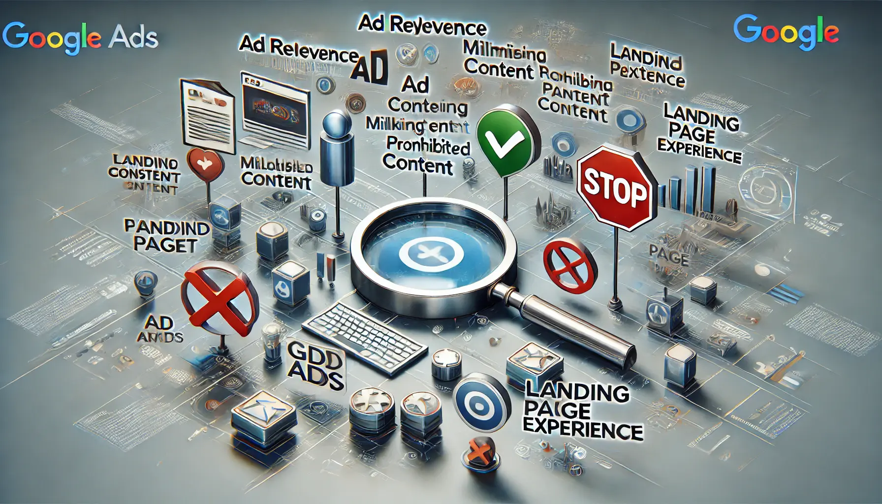 Visualization of key Google Ads policies like ad relevance, prohibited content, and landing page experience linked to ad impressions.