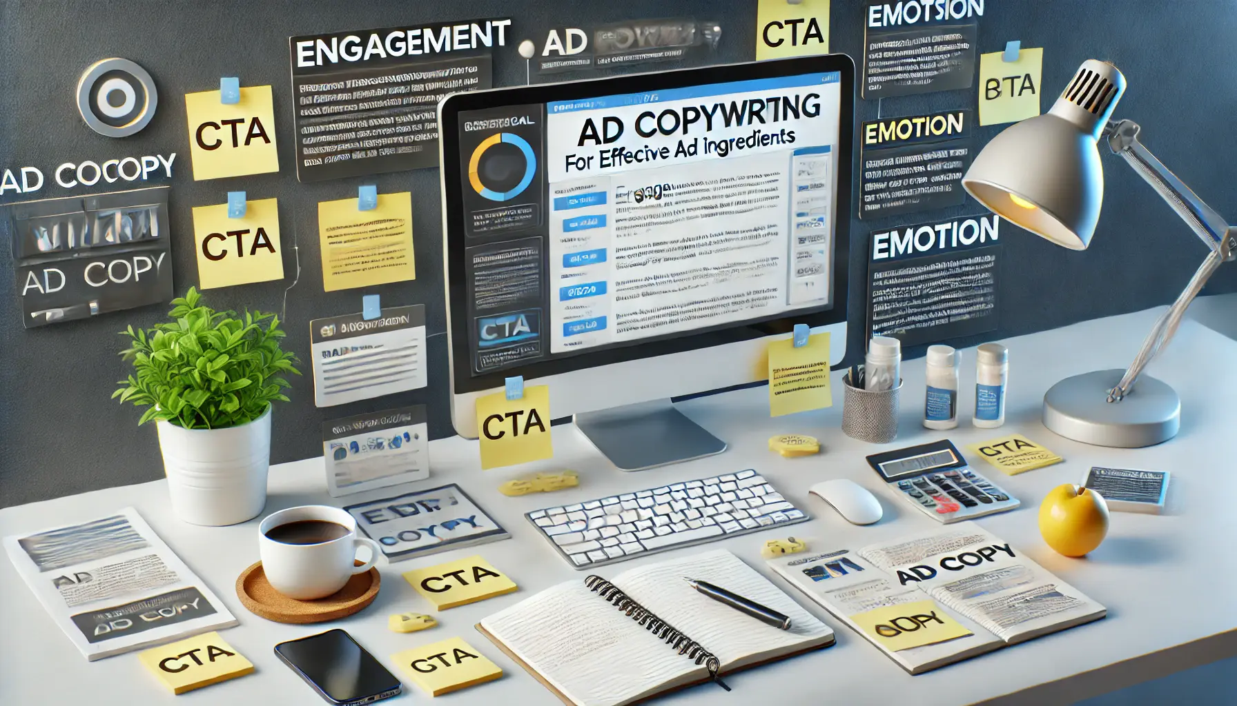 A creative workspace with a computer showing ad copywriting, surrounded by sticky notes on essential elements like CTA and engagement.