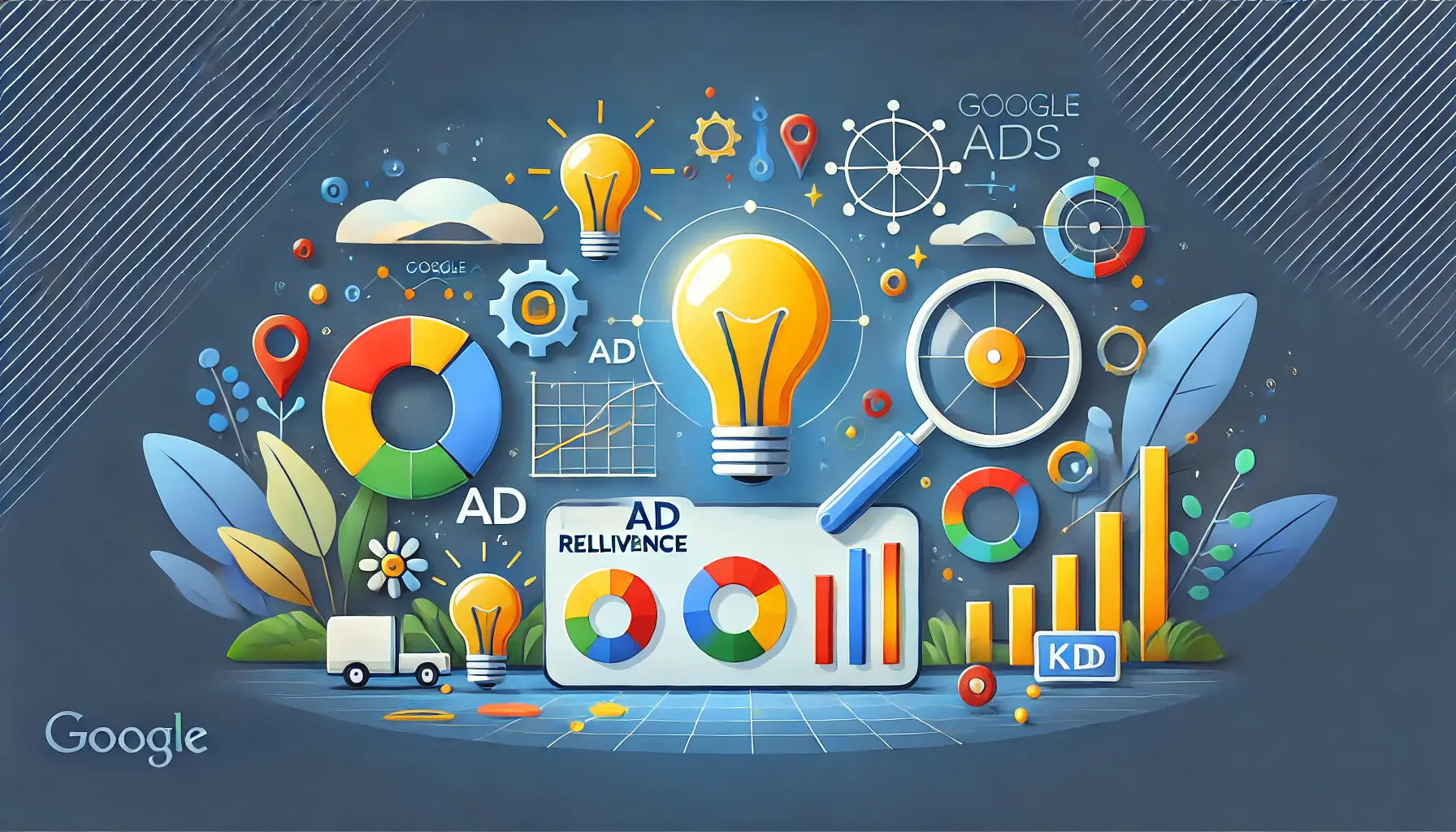 Image illustrating key insights on ad relevance with lightbulb icons, analytics symbols, and key indicators.