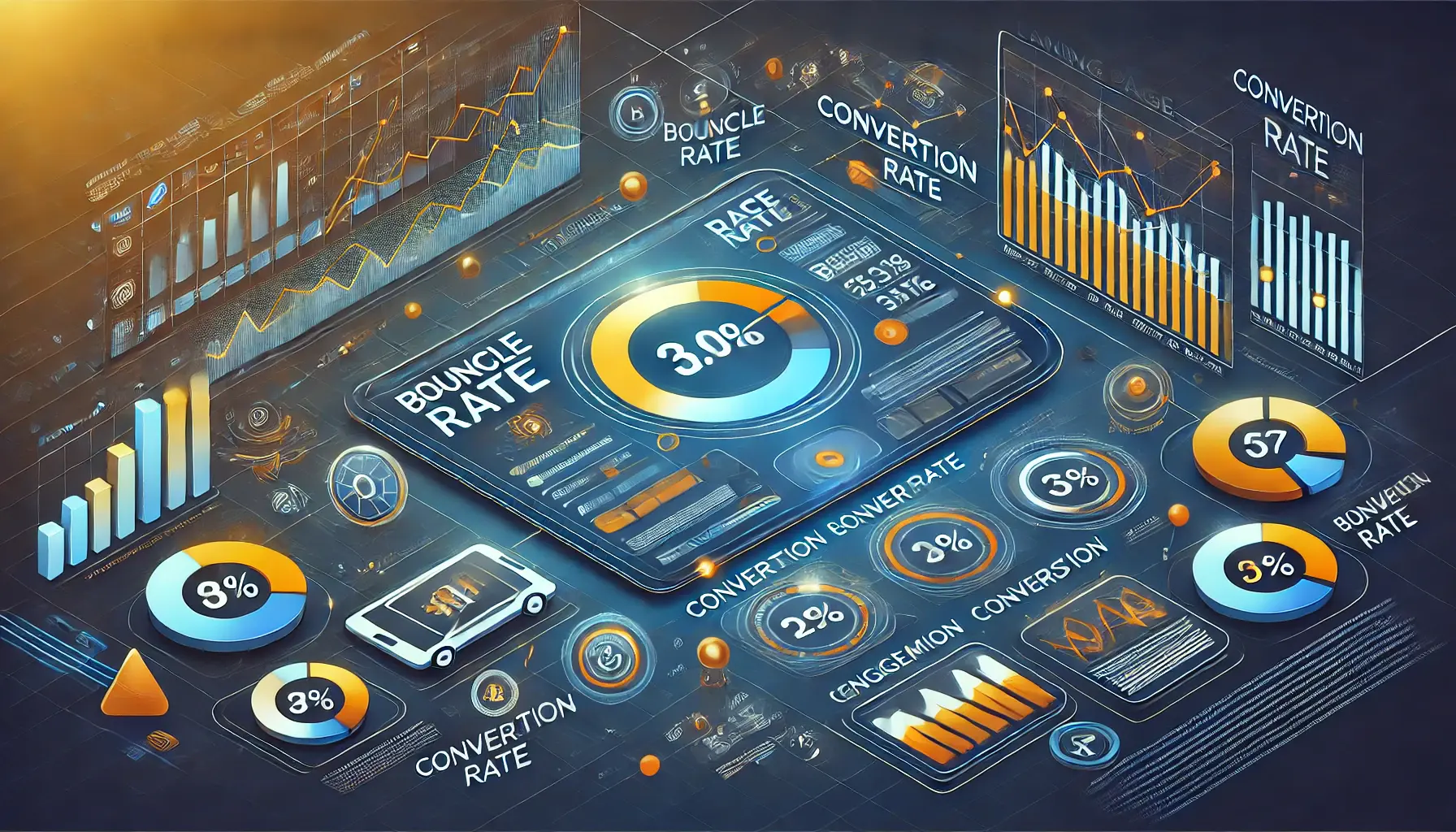 Illustration of a digital dashboard showing performance metrics like bounce rate, conversion rate, and engagement.