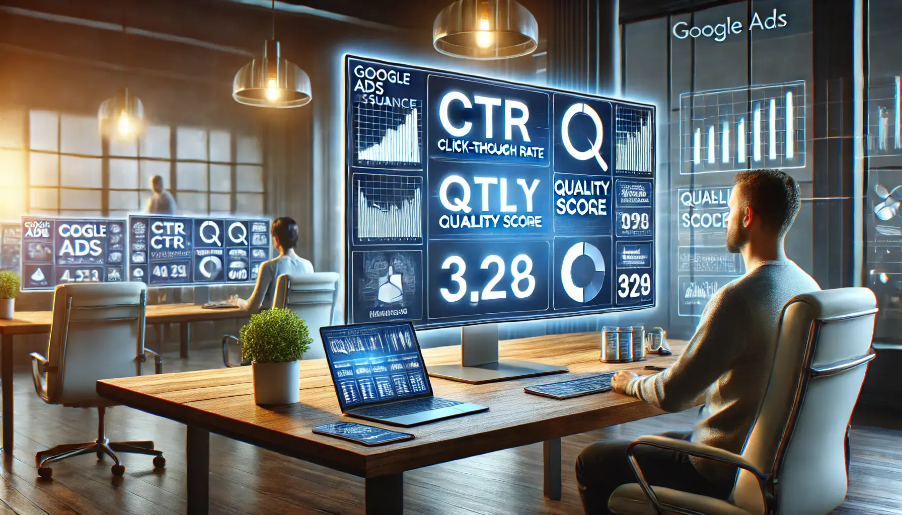 A digital marketing workspace where a professional is analyzing key performance metrics such as click-through rates, quality scores, and conversion rates on a large monitor, with additional real-time data on a laptop and tablet.