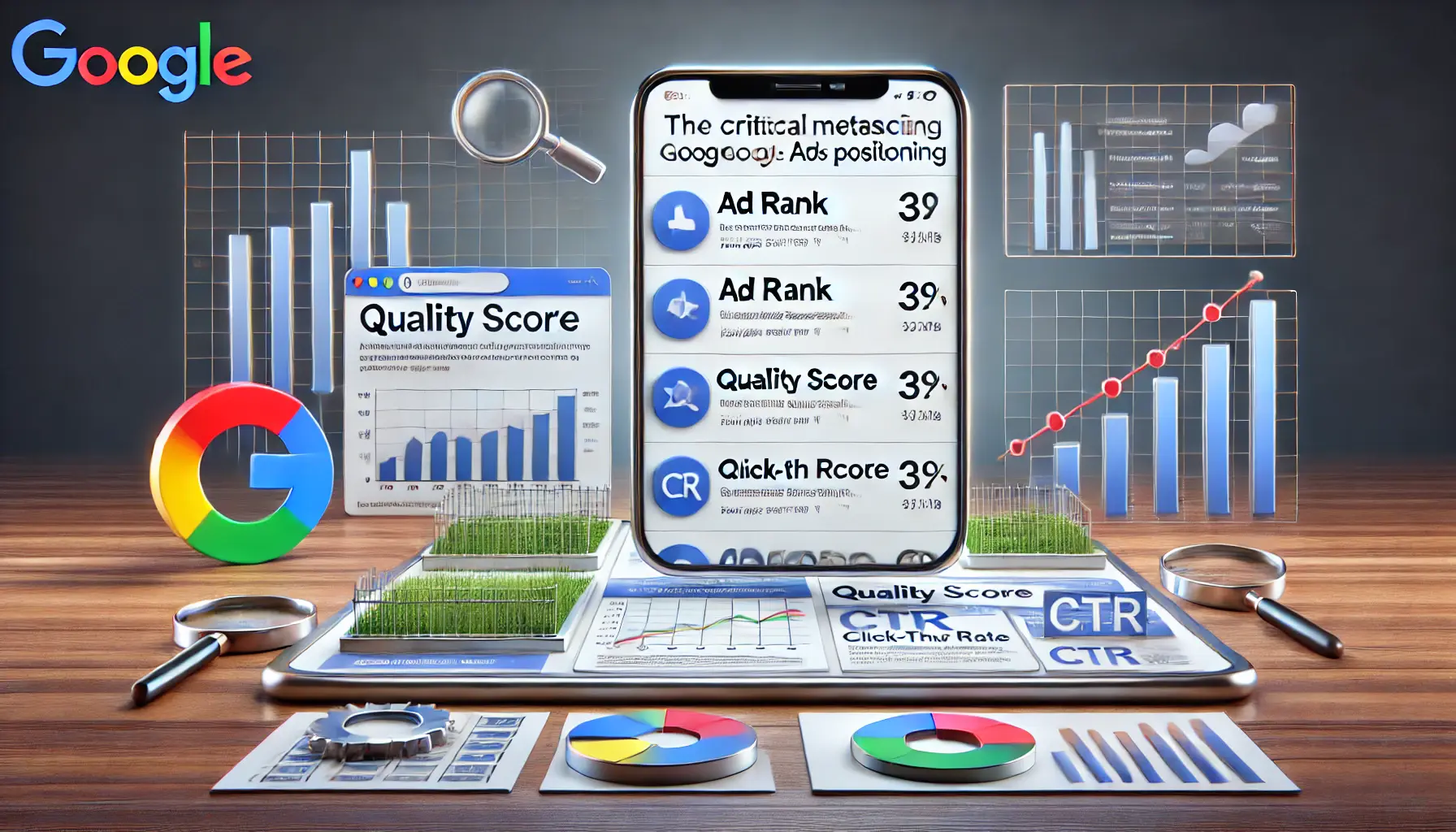 A realistic illustration showcasing key metrics that influence Google Ads positioning, featuring a search engine results page (SERP) with ads and visual representations of metrics like Ad Rank, Quality Score, and Click-Through Rate.