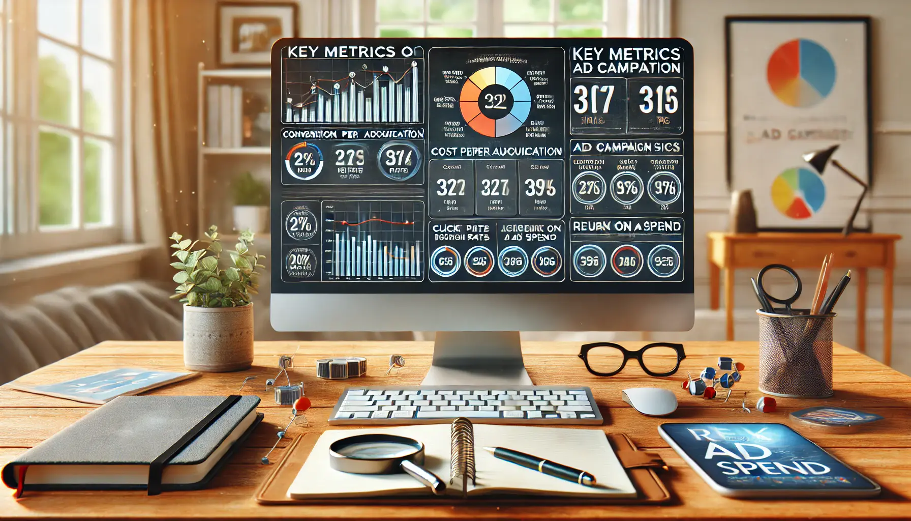 A digital marketing workspace showing a computer with a performance dashboard displaying key metrics such as conversion rates, cost per acquisition, and return on ad spend.