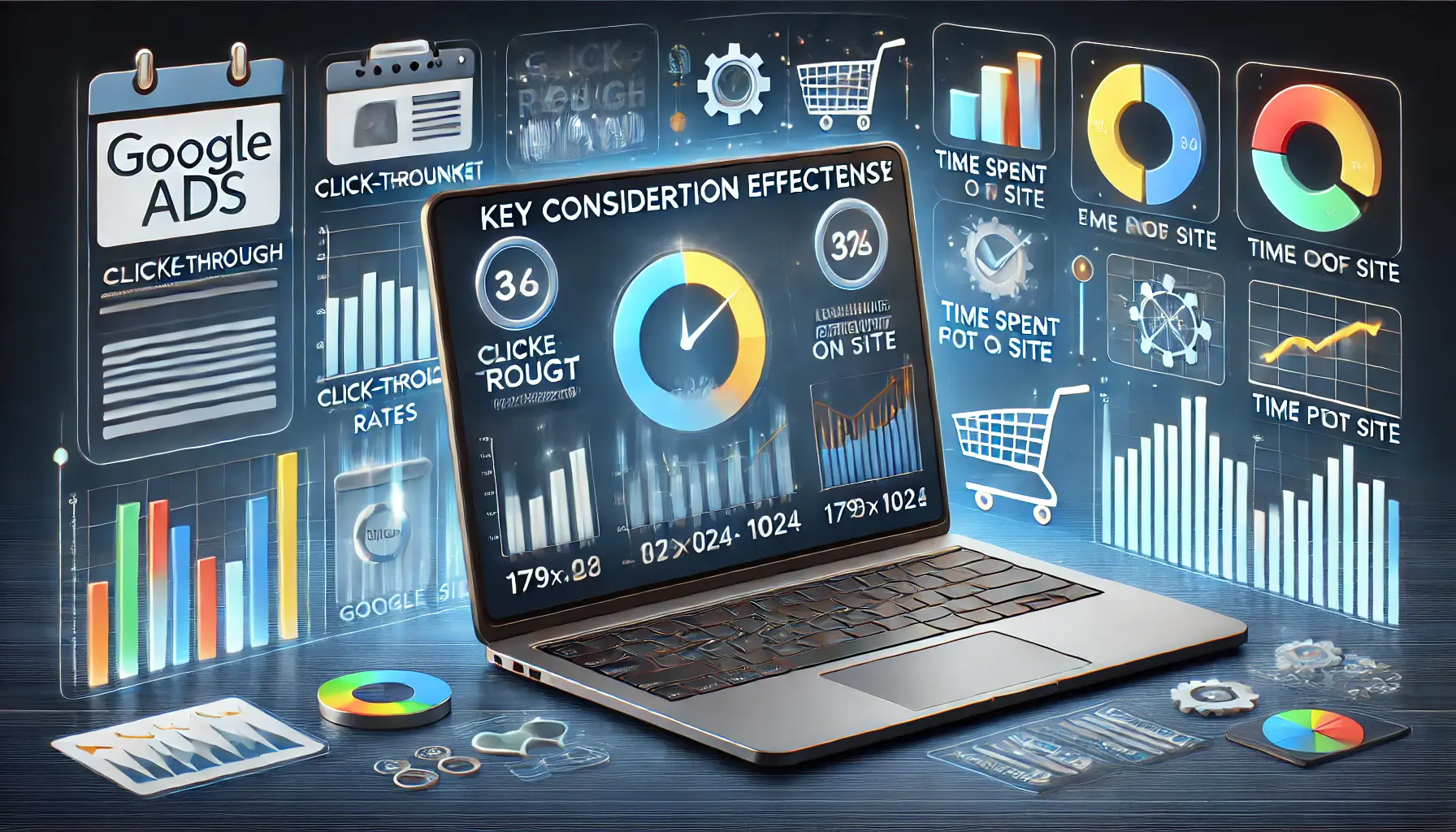 Digital marketing scene showing a laptop with performance graphs like click-through rates and engagement metrics, surrounded by visual icons of metrics like bar and pie charts.