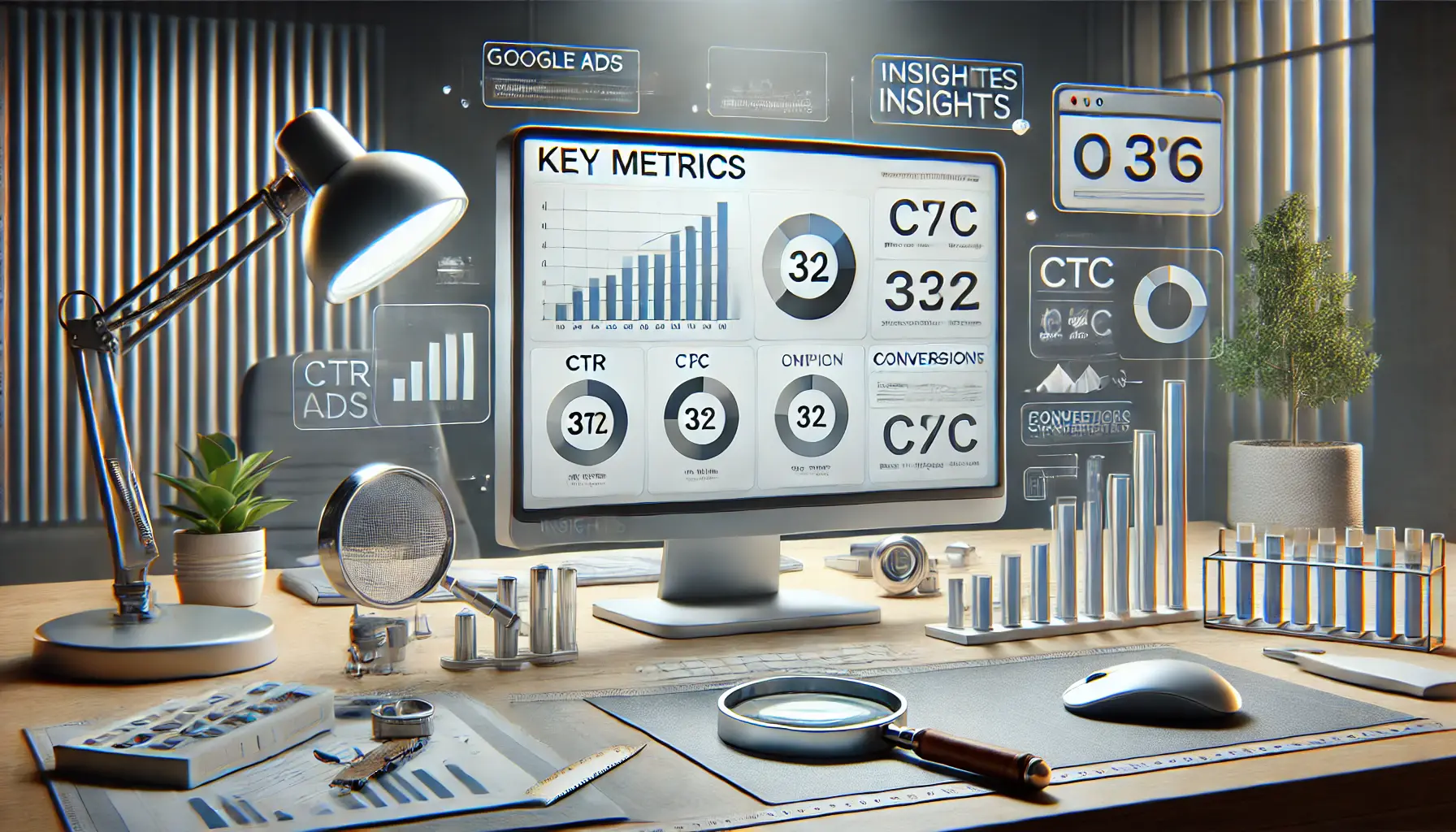 A digital representation of a workspace with a computer screen displaying charts and graphs showing key performance metrics such as CTR, CPC, and conversion rates for a Google Ads campaign.