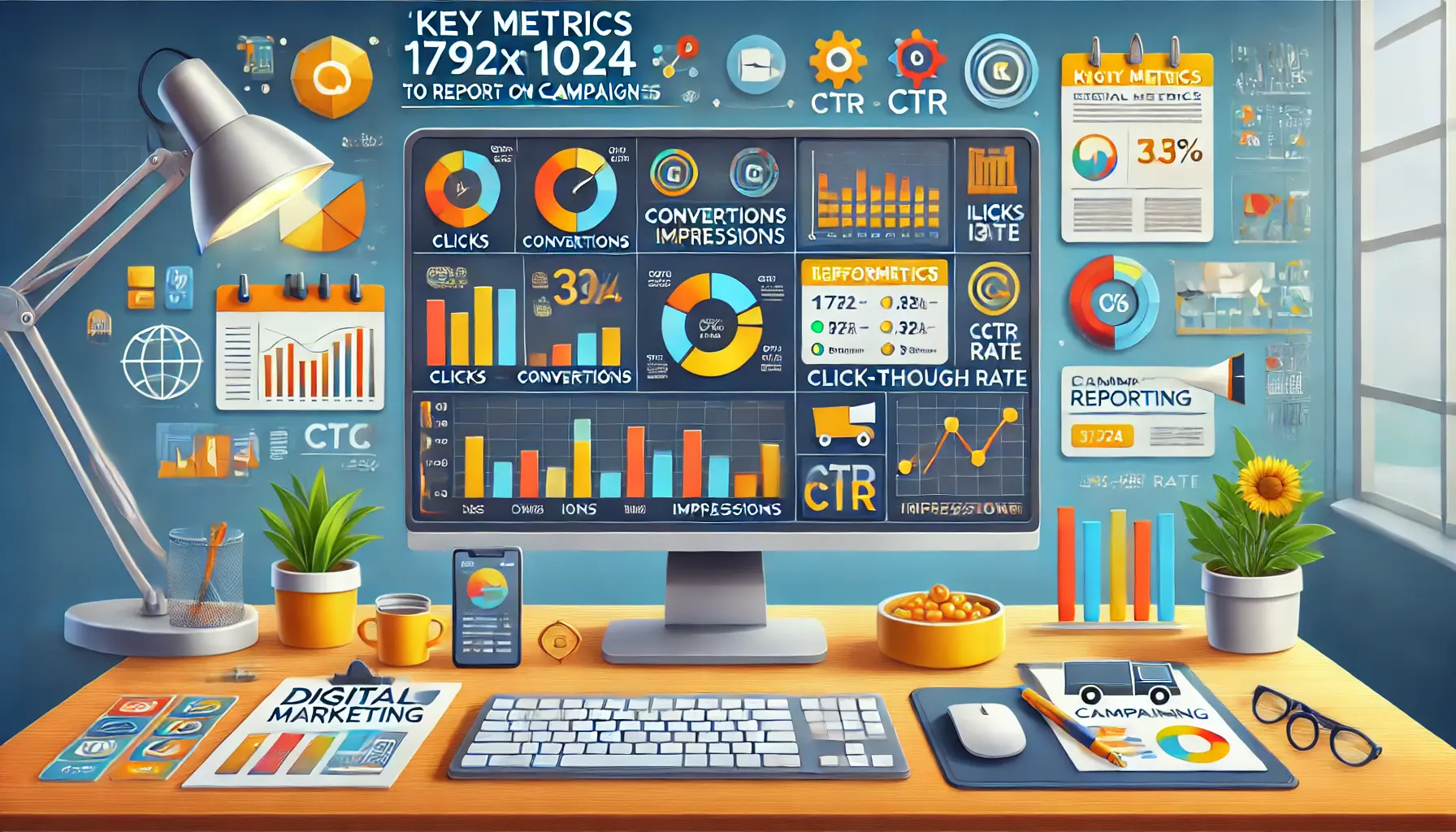 Image depicting a digital analytics dashboard showcasing key metrics like clicks, conversions, impressions, and CTR in digital marketing.