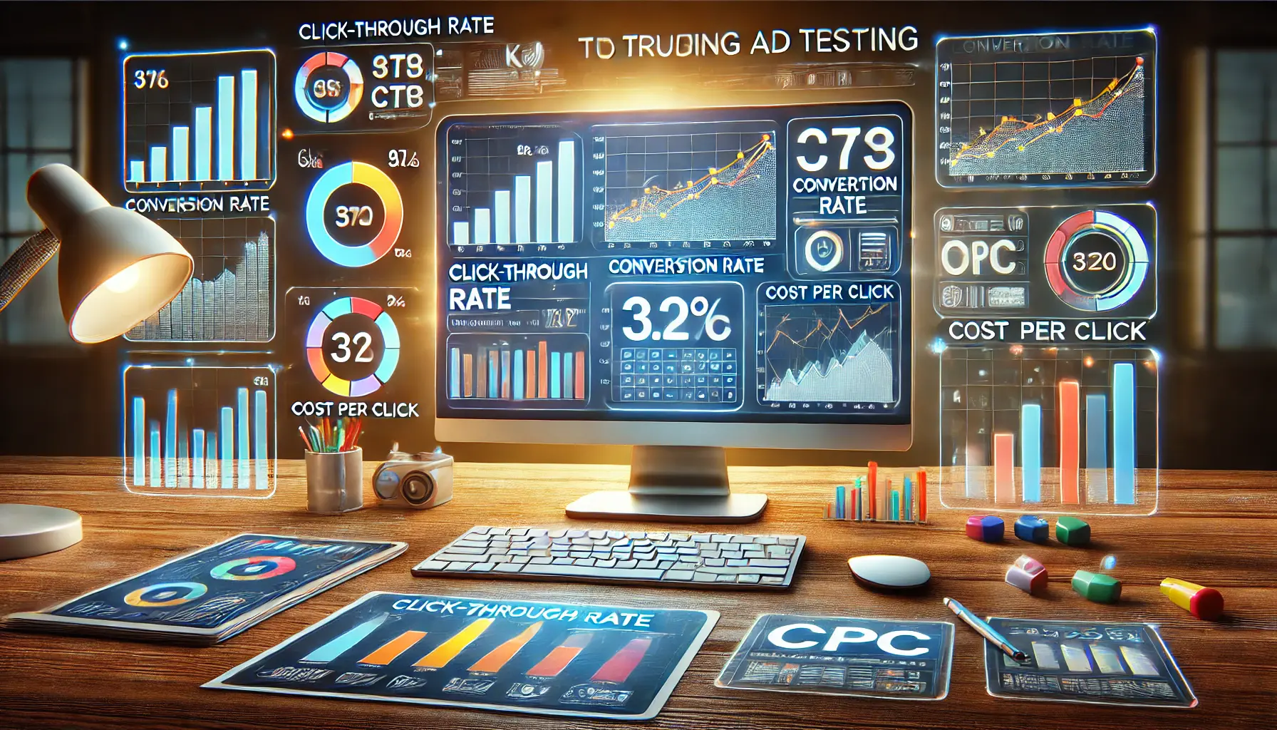 A computer screen displaying various ad testing metrics in graphical formats like bar charts and line graphs.