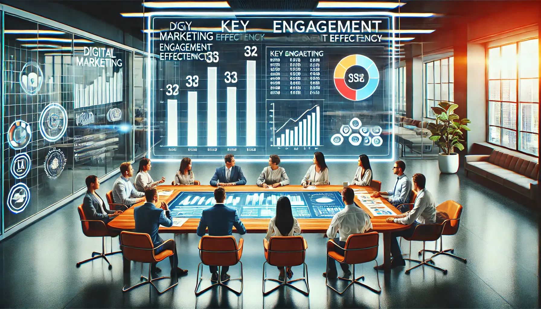 Digital marketing team analyzing a large screen displaying key metrics and graphs for engagement effectiveness in a modern office.