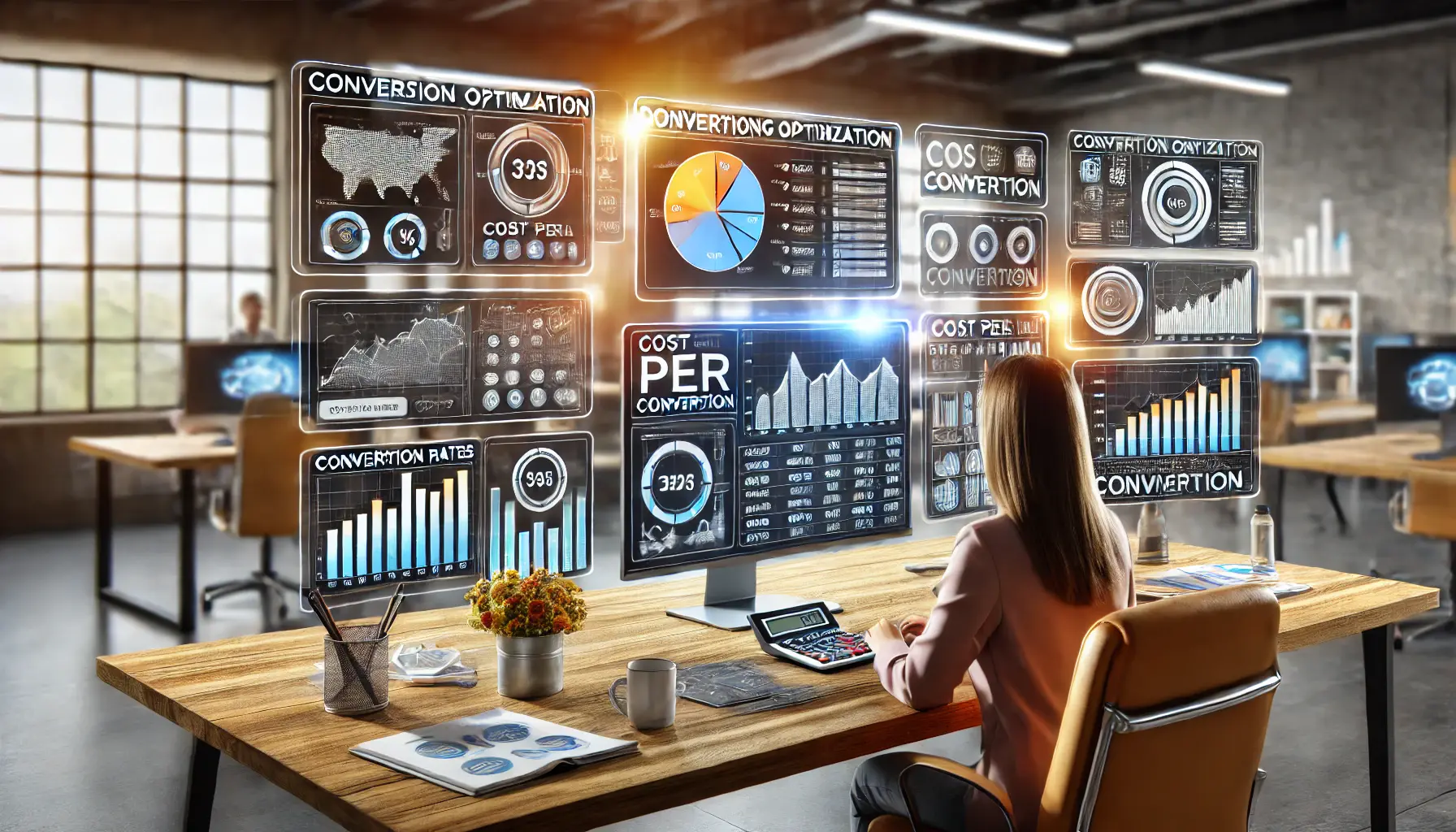 A digital marketing analyst reviewing multiple monitors displaying various analytics dashboards for conversion metrics.