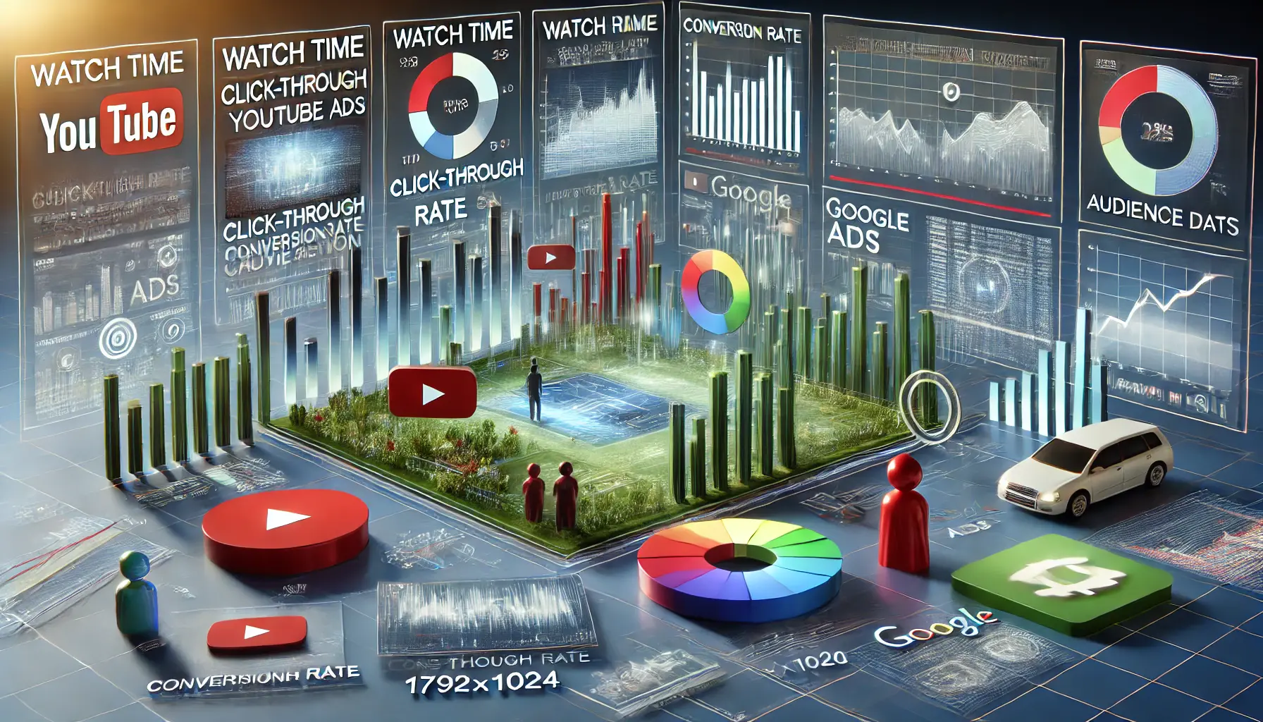 An illustration of essential metrics for optimizing YouTube Ads, featuring abstract visuals of data points like watch time, click-through rate, and conversion rate with YouTube and Google color accents.