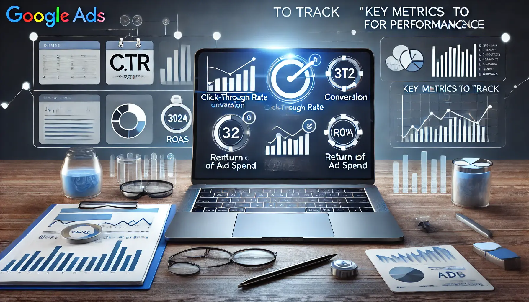 A digital workspace with icons representing key ad metrics such as click-through rate, conversion rate, and ROAS, alongside graphs and charts for performance tracking.