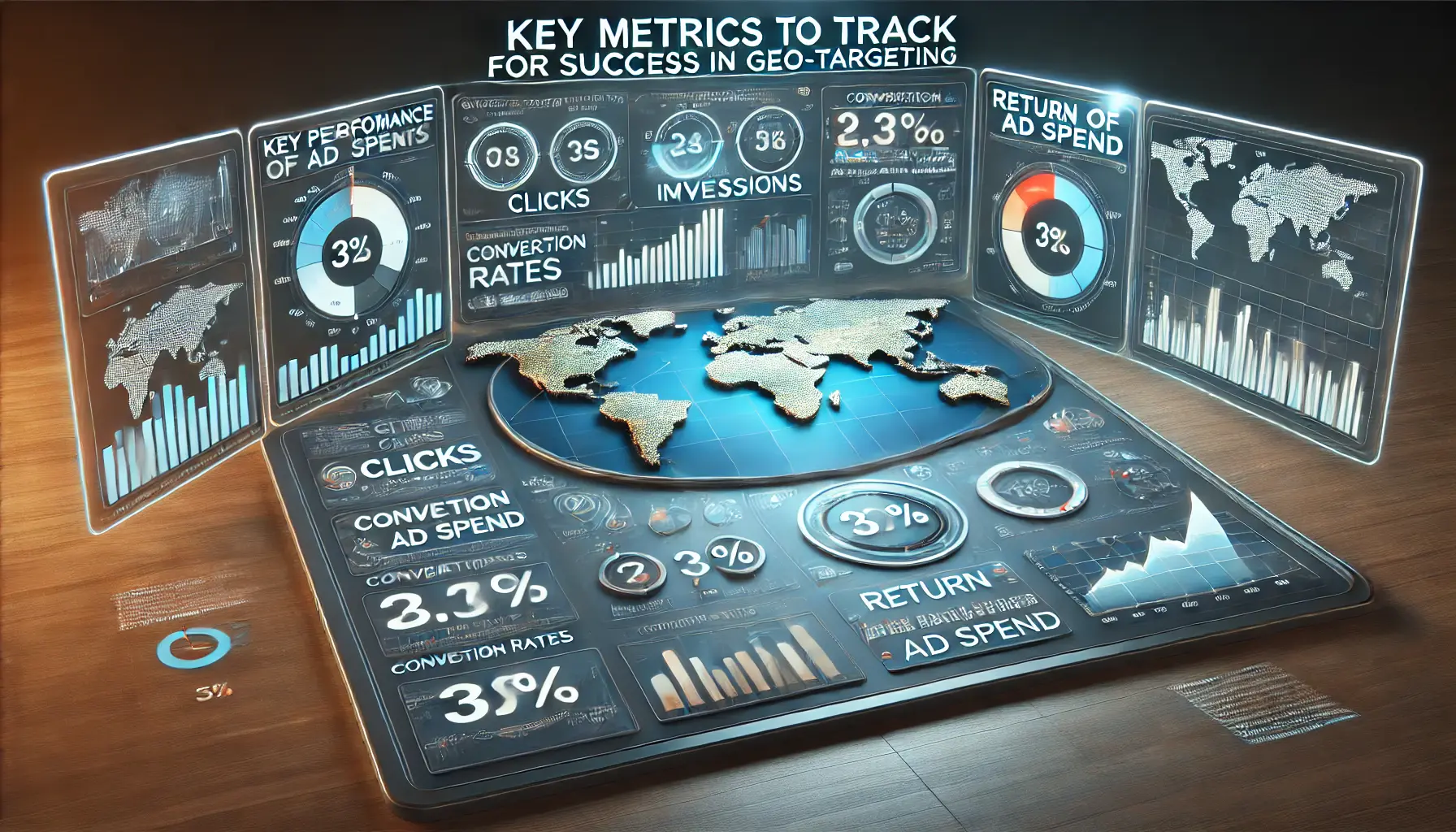 A digital dashboard displaying key performance metrics such as clicks, impressions, conversion rates, and ROAS with a map highlighting targeted regions