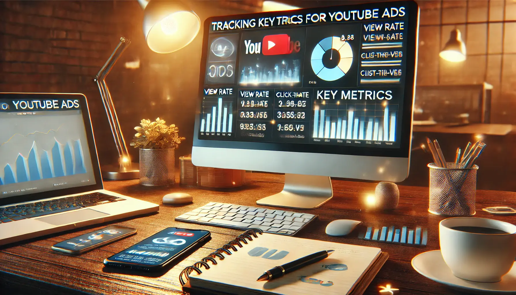 A realistic image of a workspace with a computer displaying YouTube ad metrics like view rate and click-through rate, symbolizing key metrics to track for ad success.