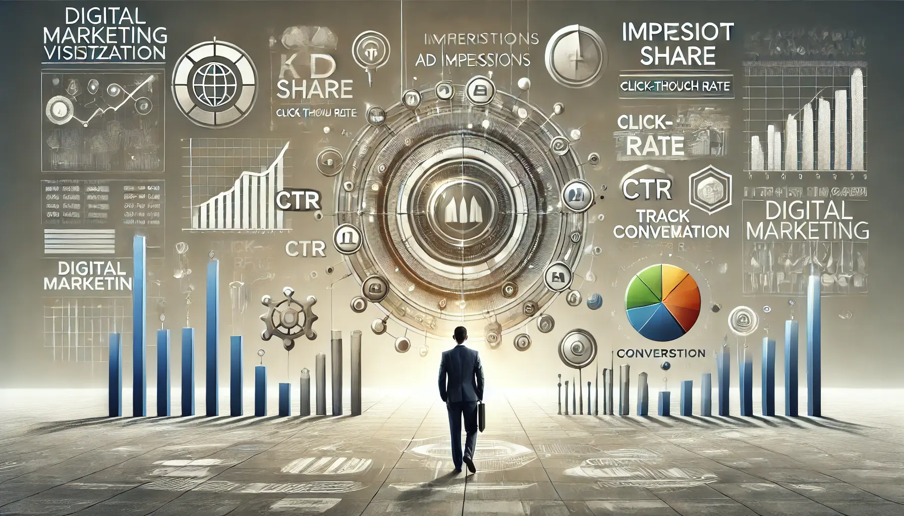 Visualization of key metrics like impression share, CTR, and conversion rates with graphs, pie charts, and performance dashboards.