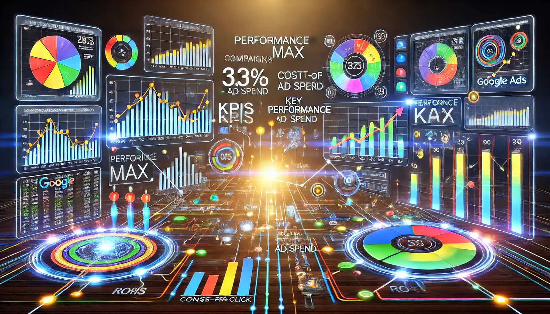 An image showing performance graphs, charts, and KPIs such as conversions, cost-per-click, and ROAS, representing the key metrics in Performance Max campaigns.