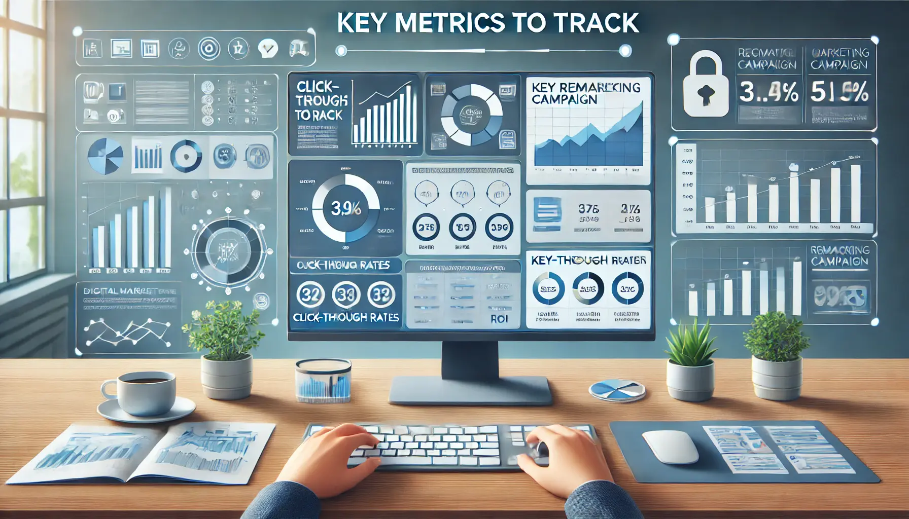 Digital marketing setup with a computer screen displaying performance charts, graphs, and key metrics like conversions, click-through rates, and ROI.