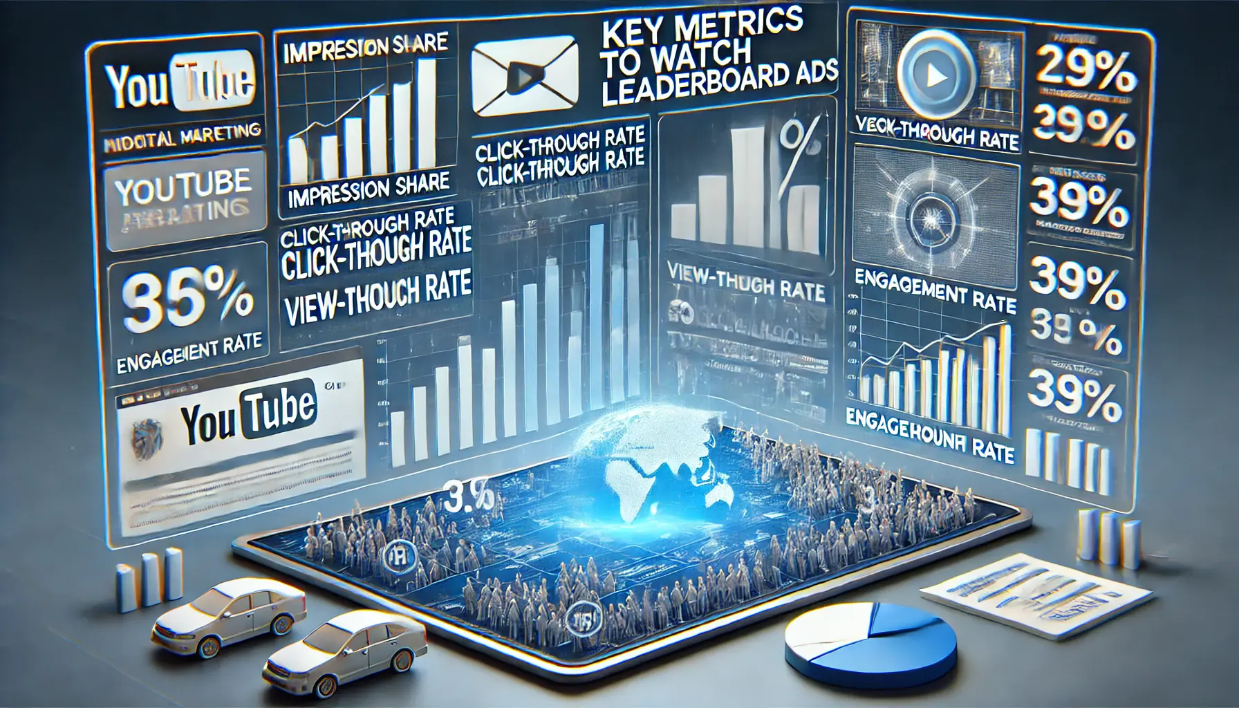 Image showing key metrics for YouTube Leaderboard ads with charts for impression share, click-through rate, and engagement.