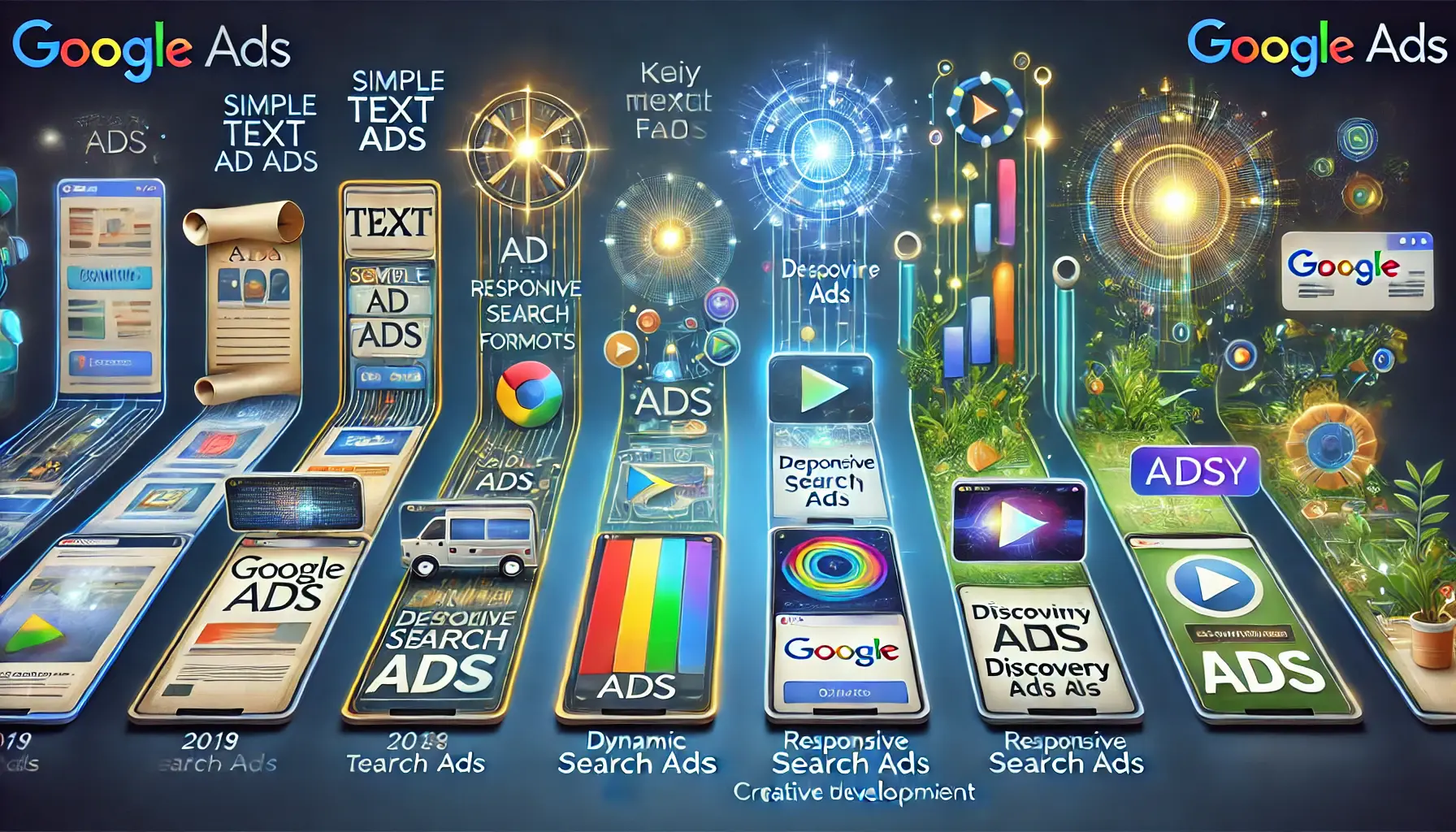 A timeline showing the evolution of Google Ads creative development, from simple text-based ads to dynamic, AI-driven ad formats with mobile-friendly designs and responsive visuals.