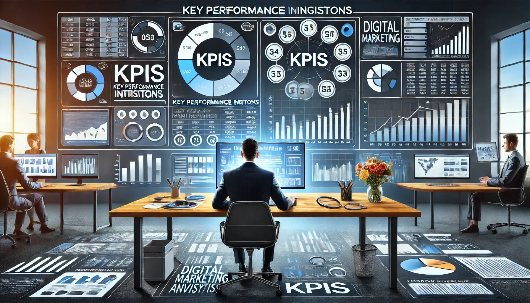 A digital marketing analyst examining KPI metrics on a screen.