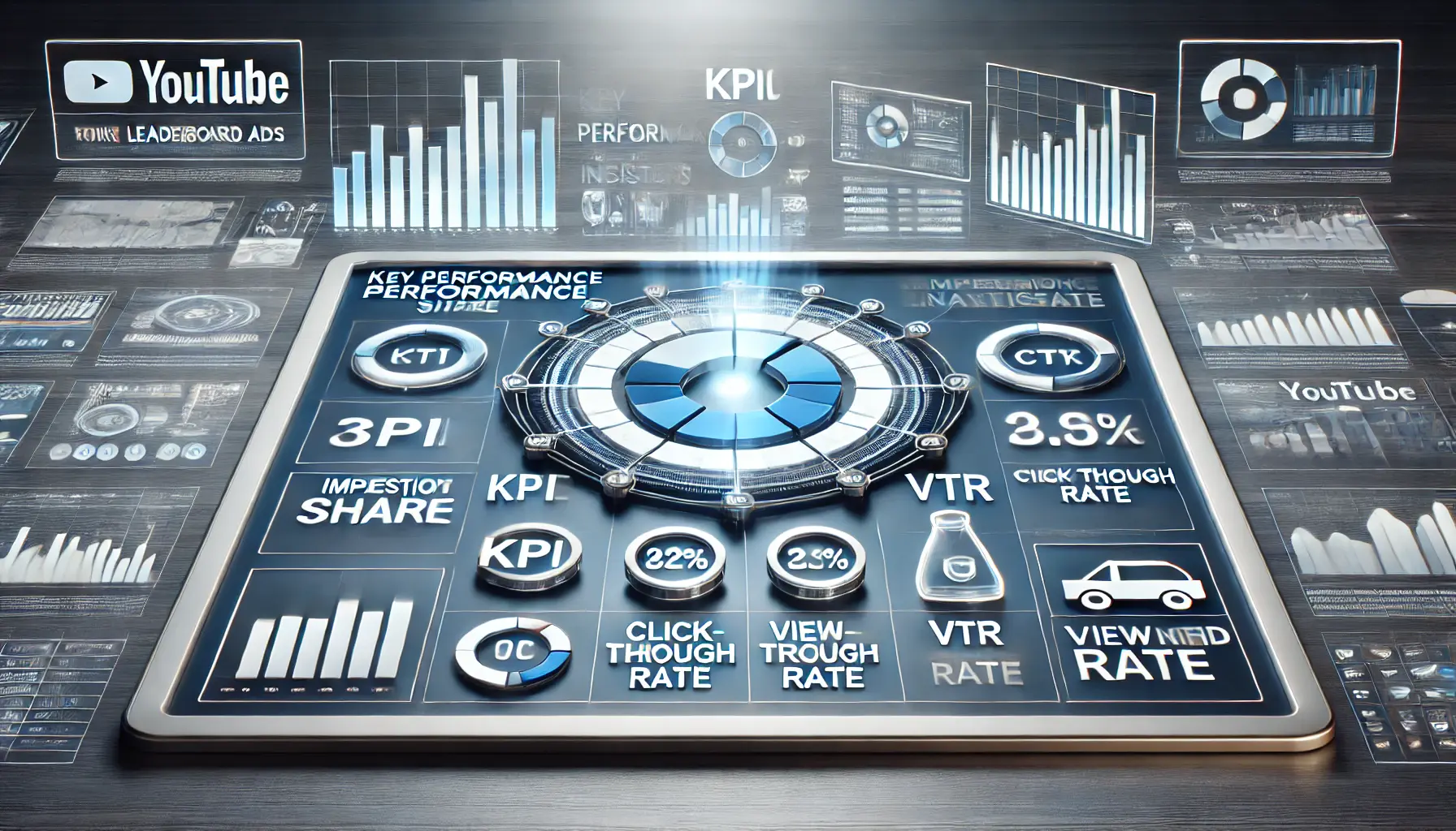 Image showing a digital dashboard with KPIs like impression share, CTR, VTR, and engagement rate for YouTube Leaderboard ads.