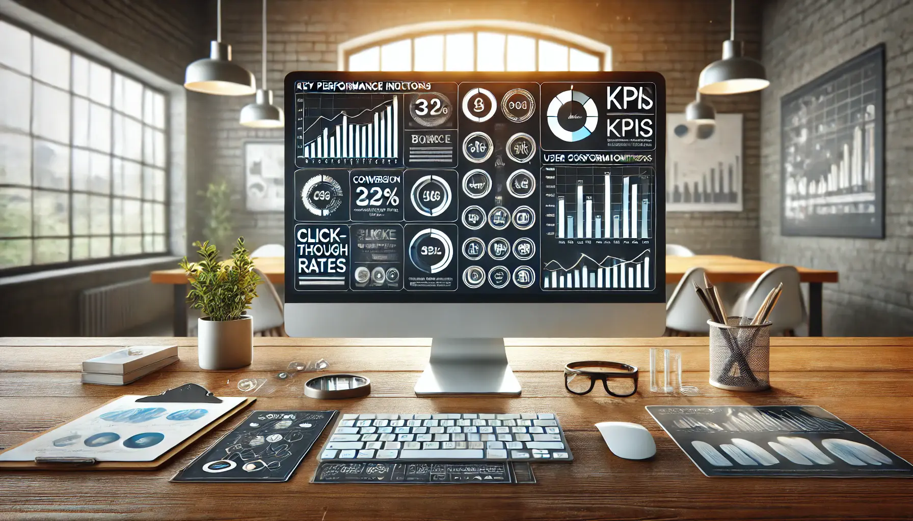 Workspace with computer displaying dashboard with key performance metrics like click-through and conversion rates.