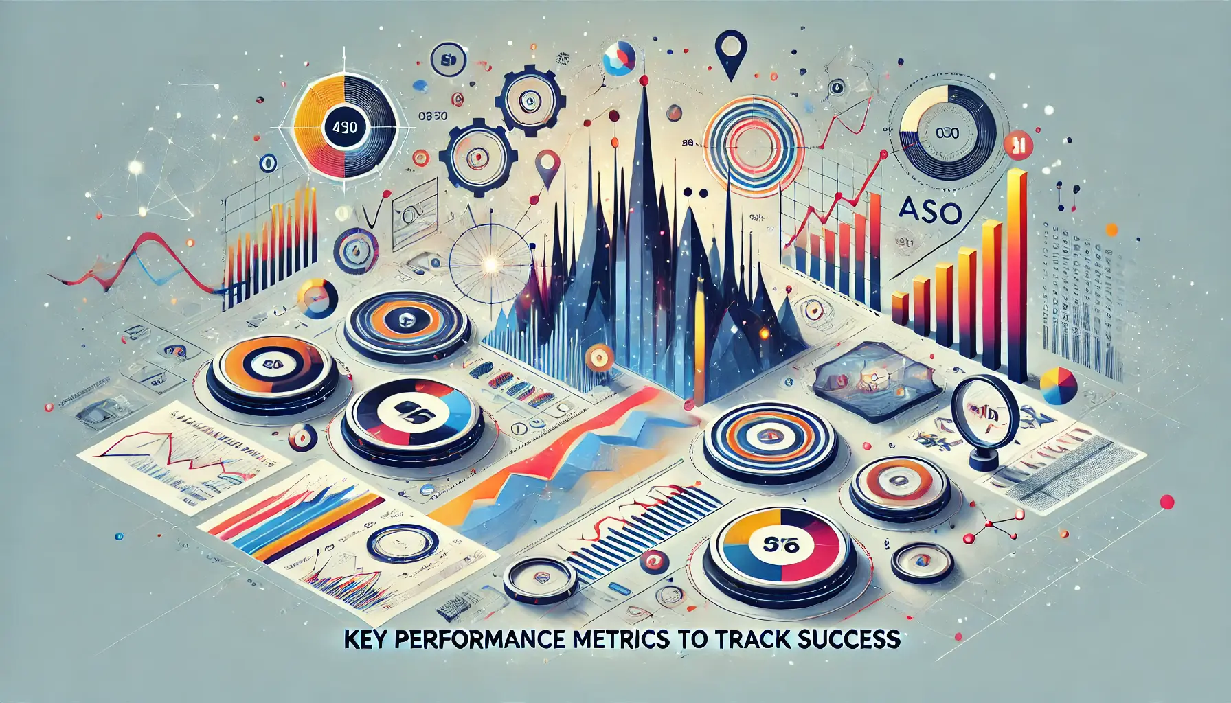 Abstract image symbolizing measurement and tracking of success with visuals of charts, graphs, and data points.