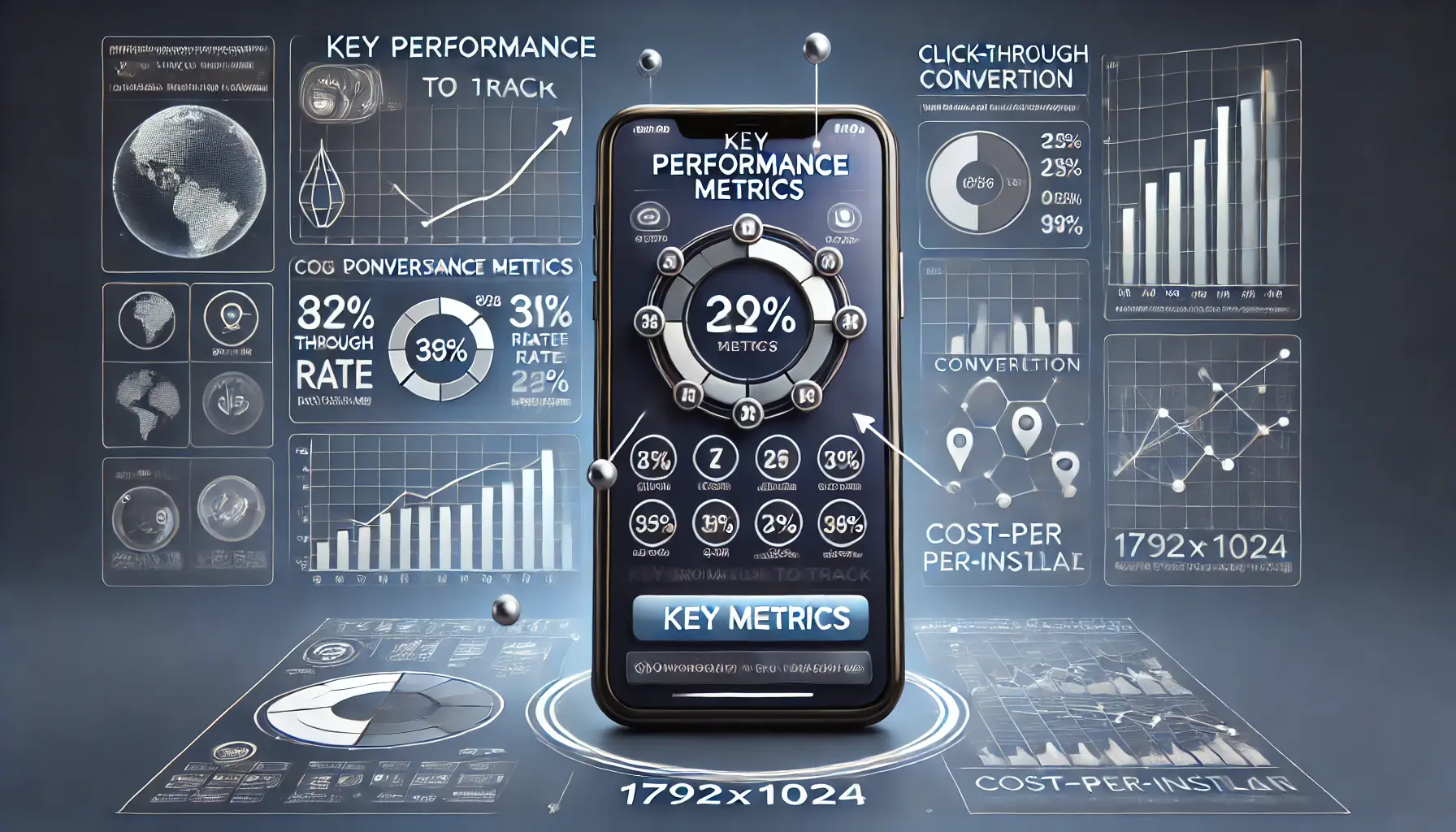 Smartphone displaying app ad with graphs and performance metrics like click-through and conversion rates