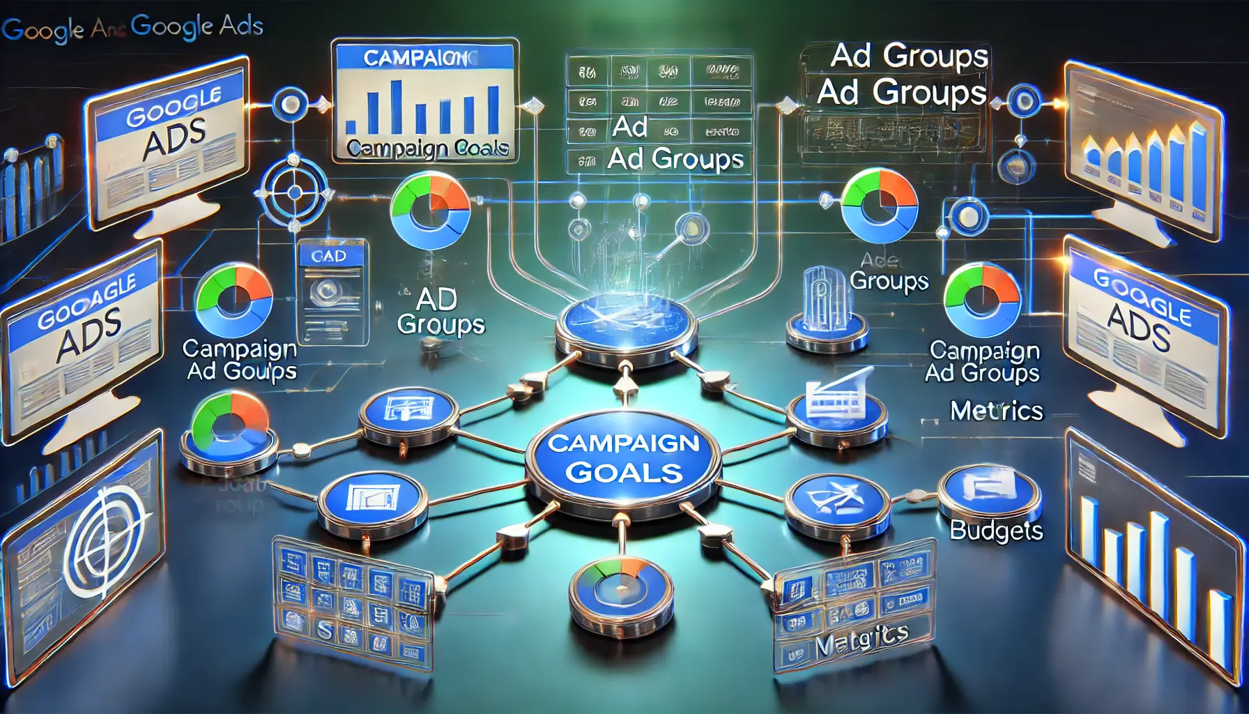 A visual representation of key campaign elements such as goals, ad groups, budgets, and metrics interconnected to symbolize successful structuring.