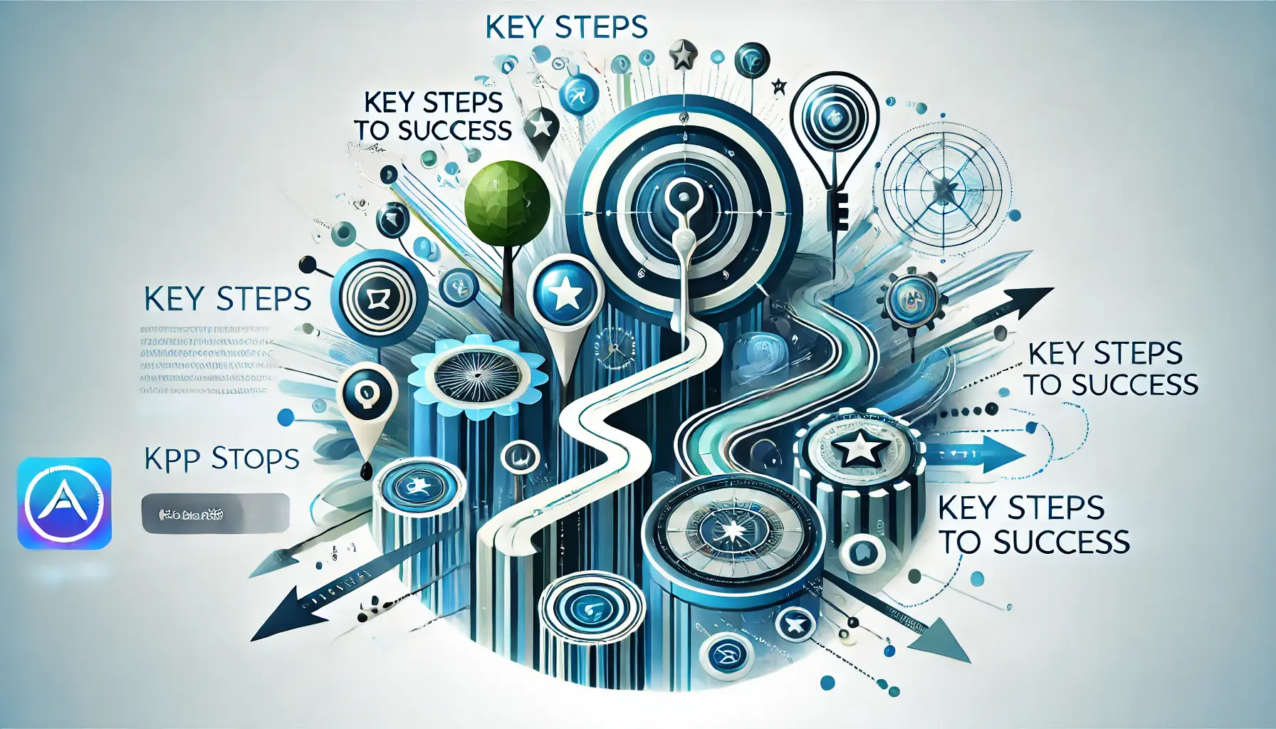 Abstract representation of key steps to success, featuring symbols of strategic progression, movement, and direction.