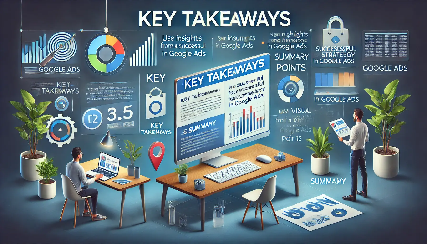 Digital marketing setup with a computer screen showing key metrics, summary icons, and visual indicators of core insights, representing key takeaways.