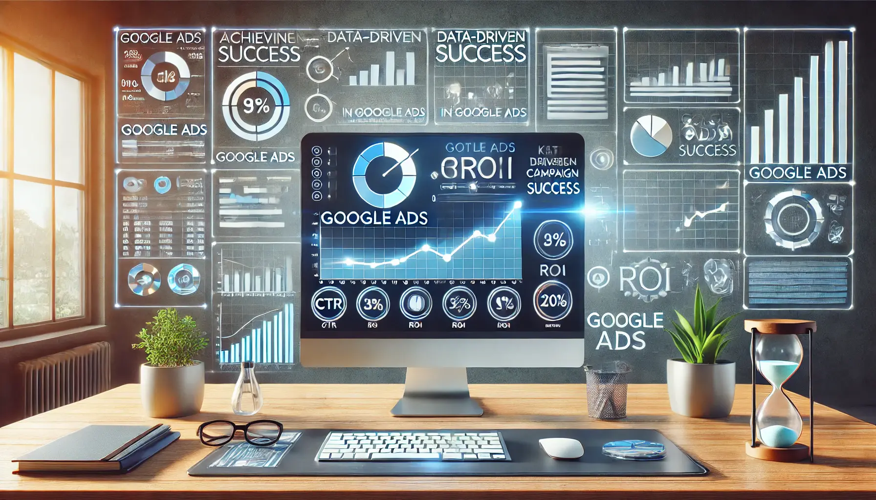 A digital marketing workspace displaying key performance metrics like CTR, ROI, and conversion rates on a Google Ads dashboard, along with graphs showing growth and success.