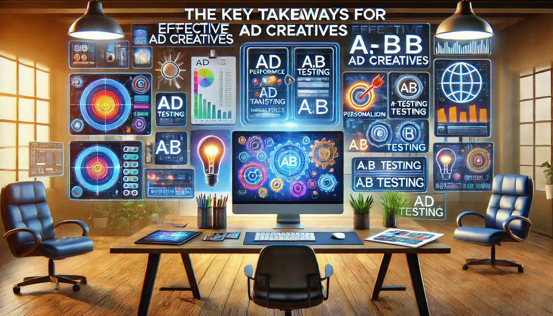 A well-organized workspace showing digital tools for ad design, including performance analytics, A/B testing interfaces, and creative elements, highlighting personalization and high-quality visuals.