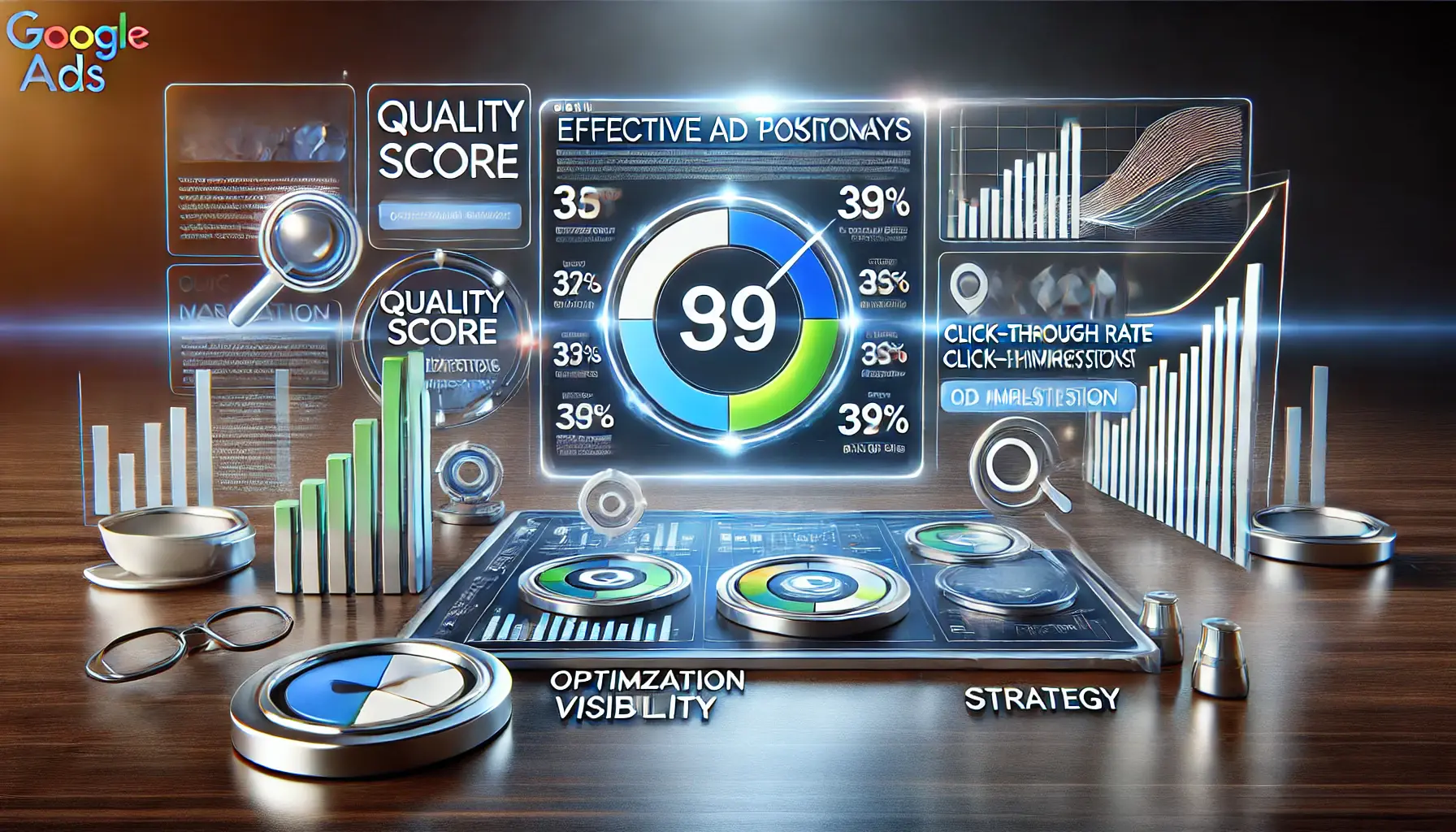 A Google Ads dashboard displaying key performance metrics like quality score, click-through rate, and impressions, surrounded by symbols representing optimization, visibility, and strategy.