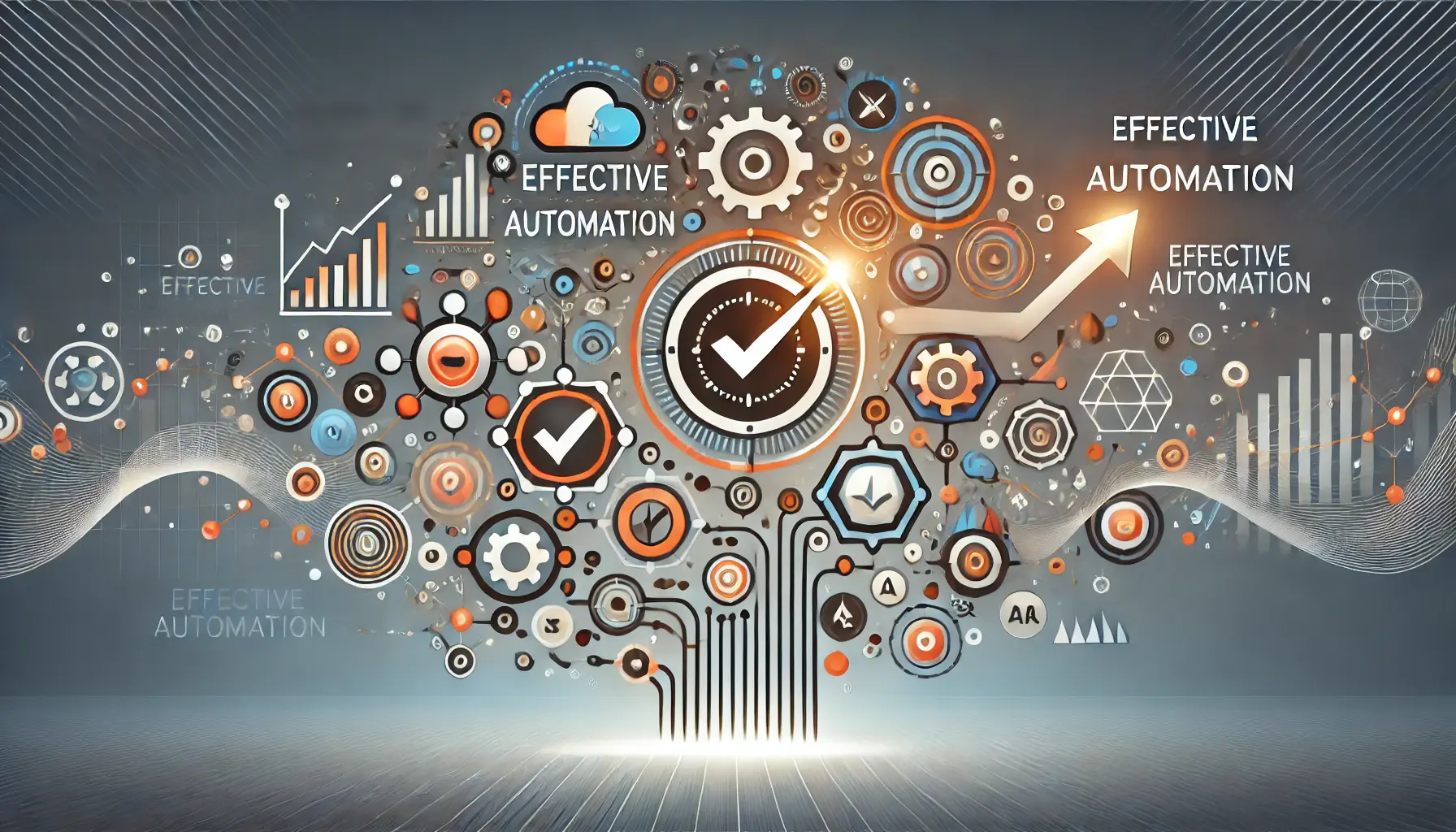 Abstract representation of key takeaways for effective automation with interconnected nodes, checkmarks, and upward arrows symbolizing clarity