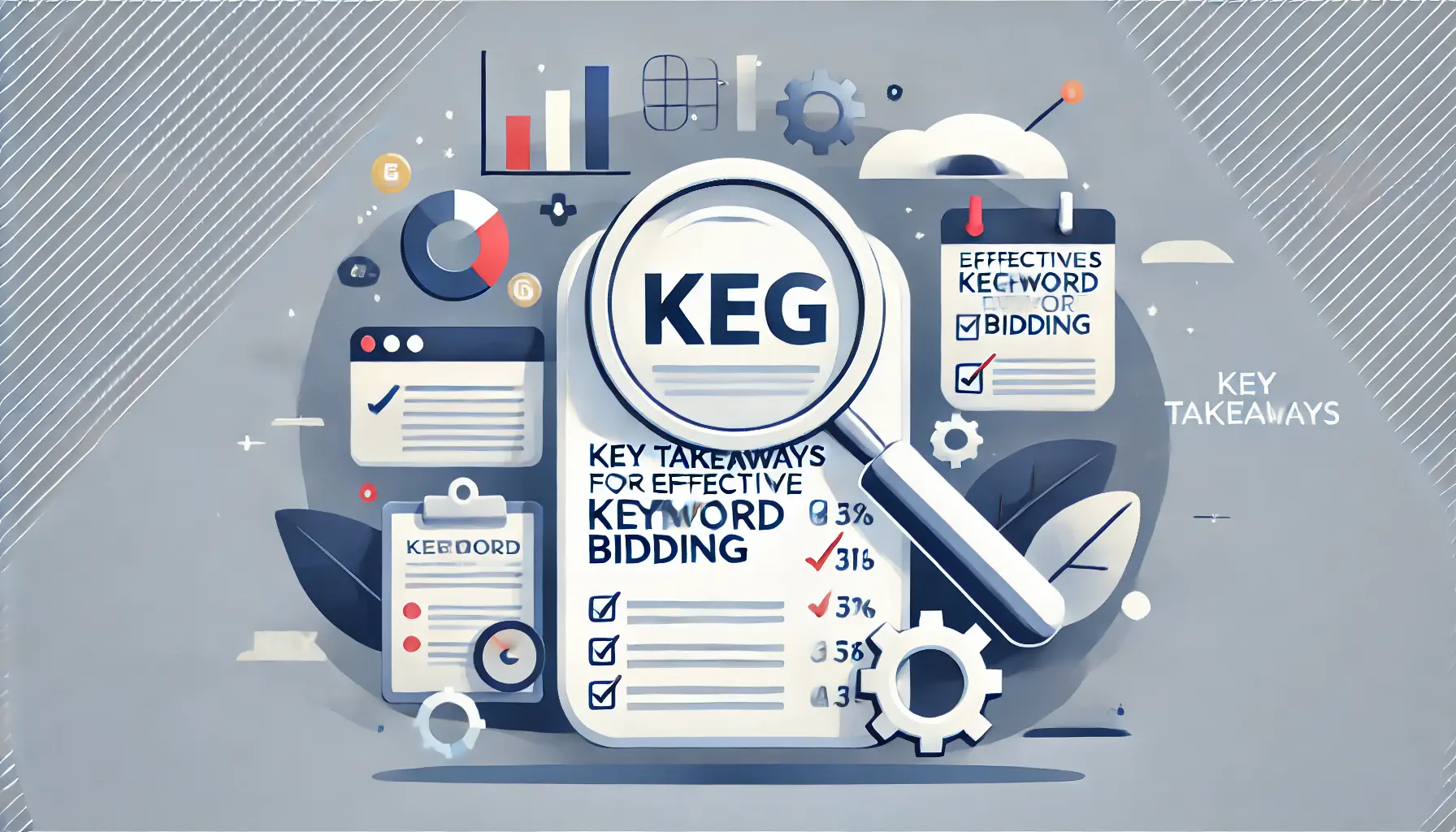 Visual representation of key takeaways for effective keyword bidding, featuring checklist elements, key metrics, and abstract symbols summarizing important points.