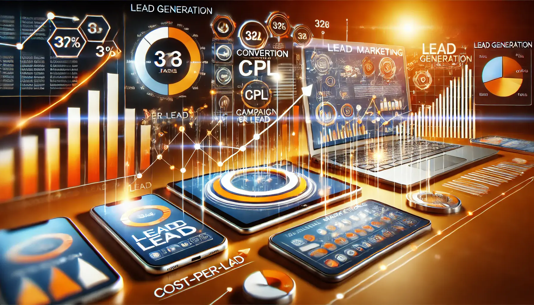 A digital marketing scene displaying devices with lead generation metrics, targeting tools, and performance data, symbolizing core strategies for successful lead generation.