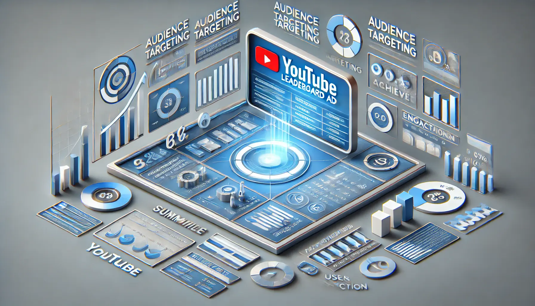 Image showing a digital dashboard with audience targeting, ad performance metrics, and engagement analytics for effective YouTube Leaderboard ad strategy.