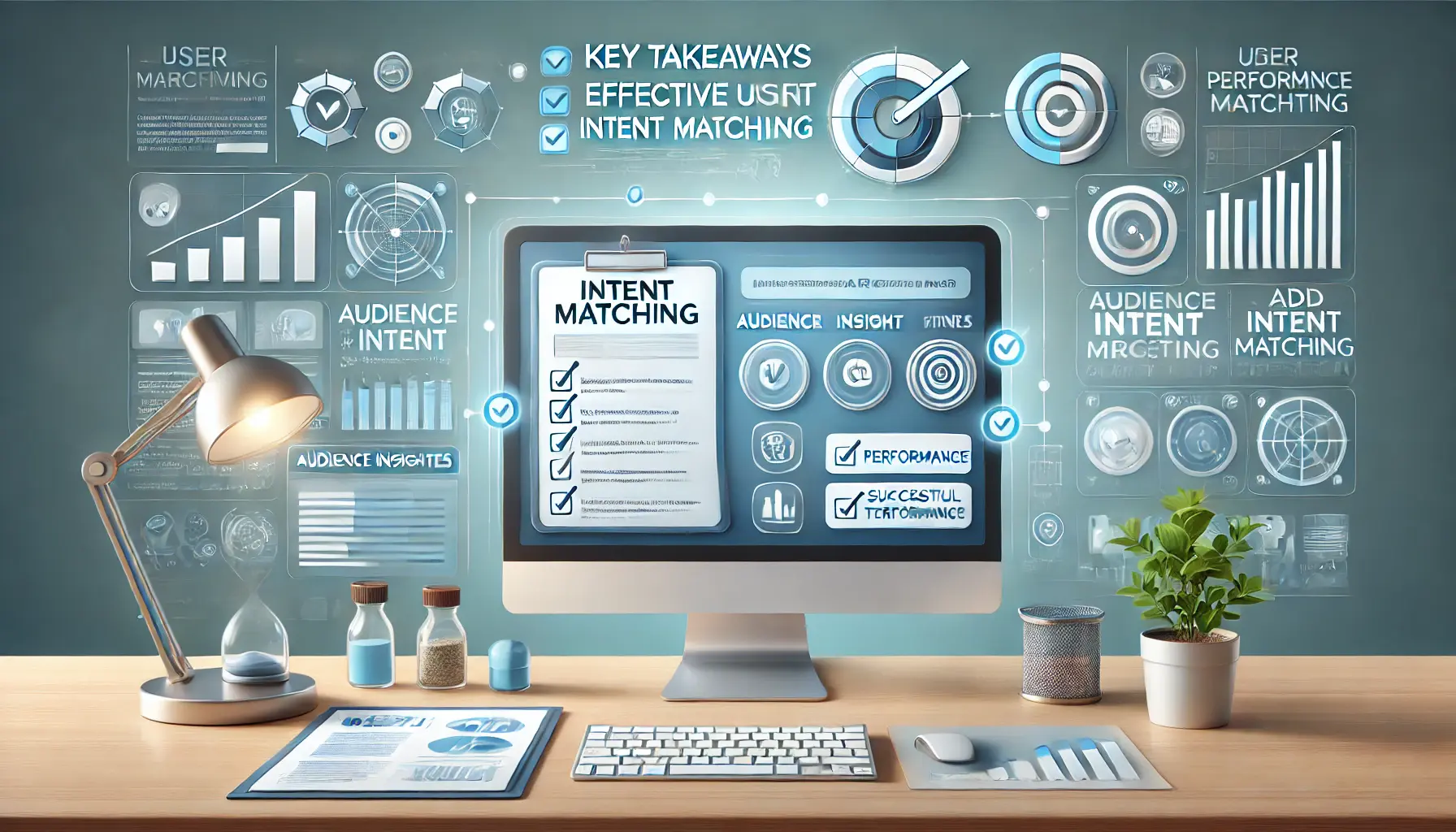 Workspace with computer displaying a checklist or summary dashboard with audience insights and ad performance metrics.