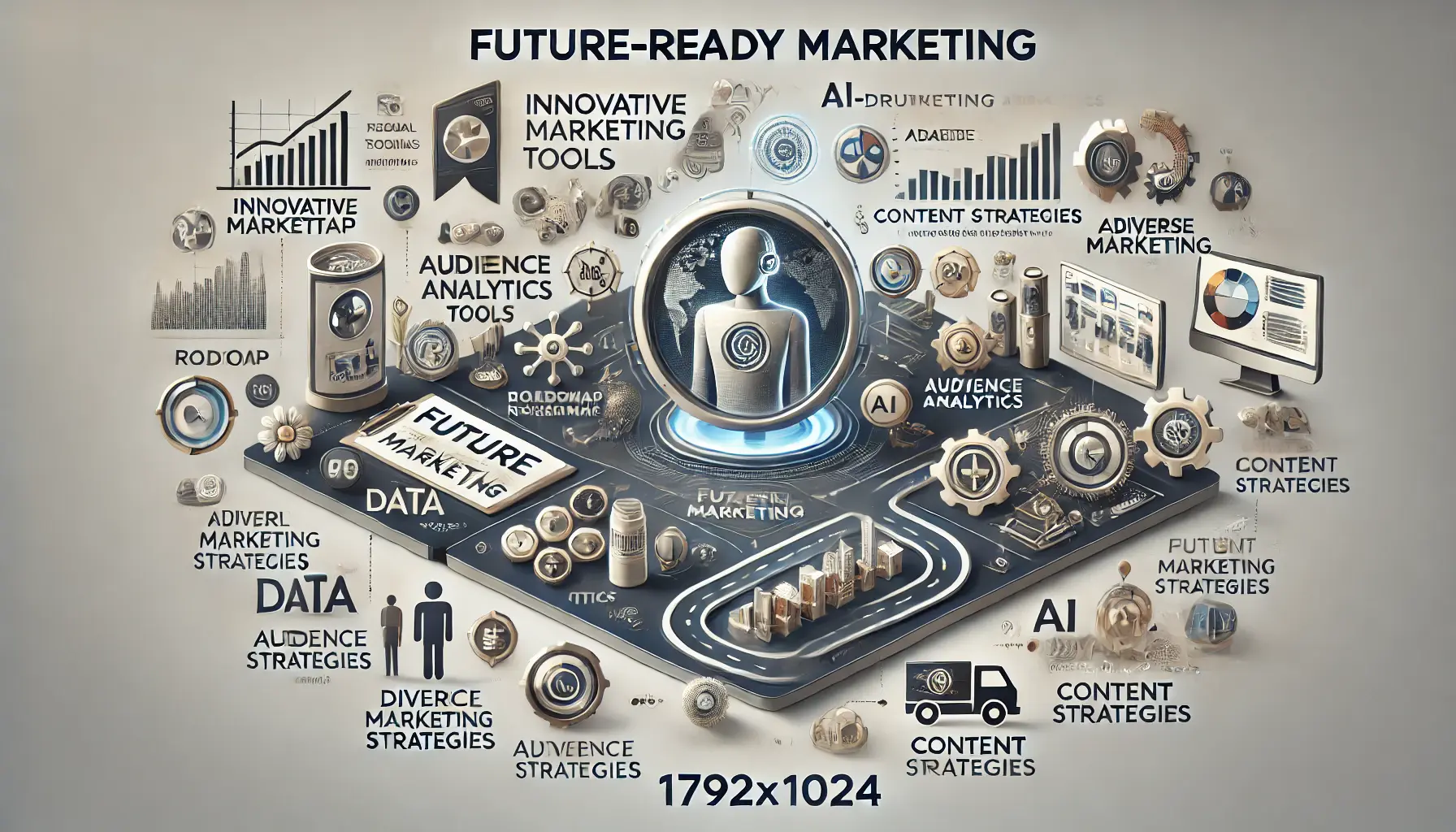 A digital workspace showcasing marketing tools, AI analytics, and content strategies, representing future-ready marketing trends.