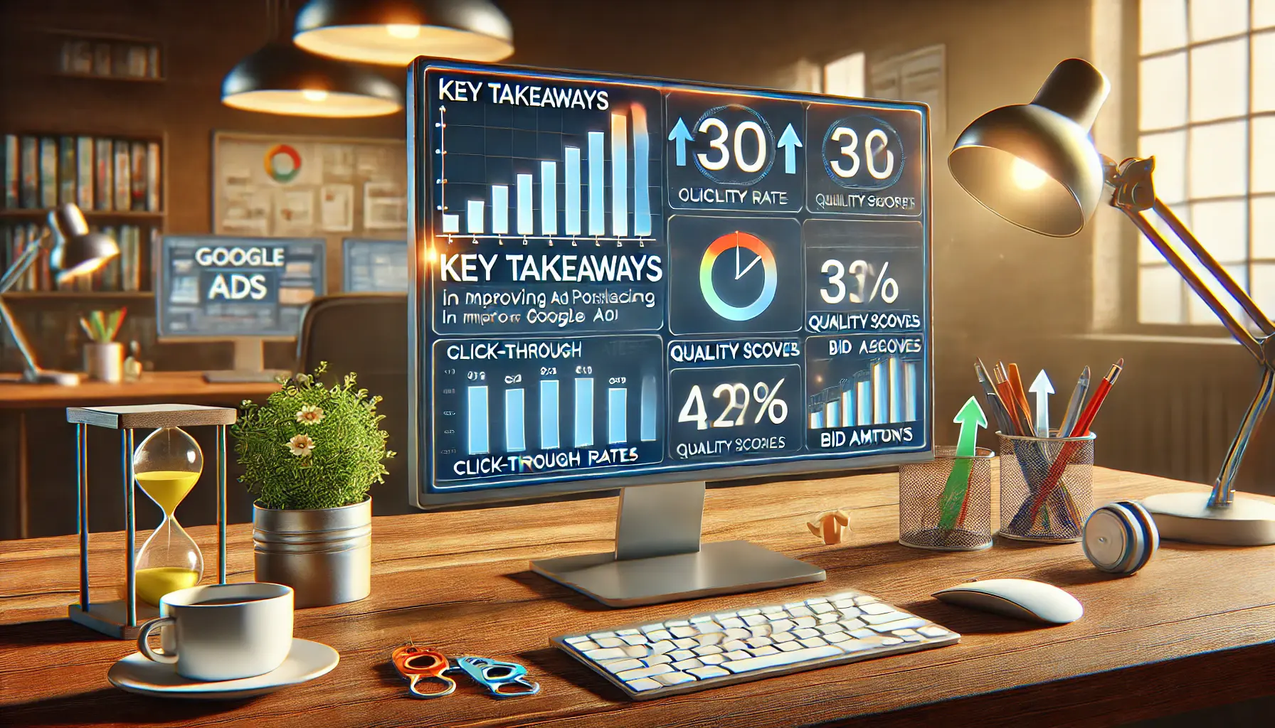 A realistic illustration depicting key takeaways for improving ad positioning in Google Ads, featuring a computer screen with a summary dashboard of essential metrics.