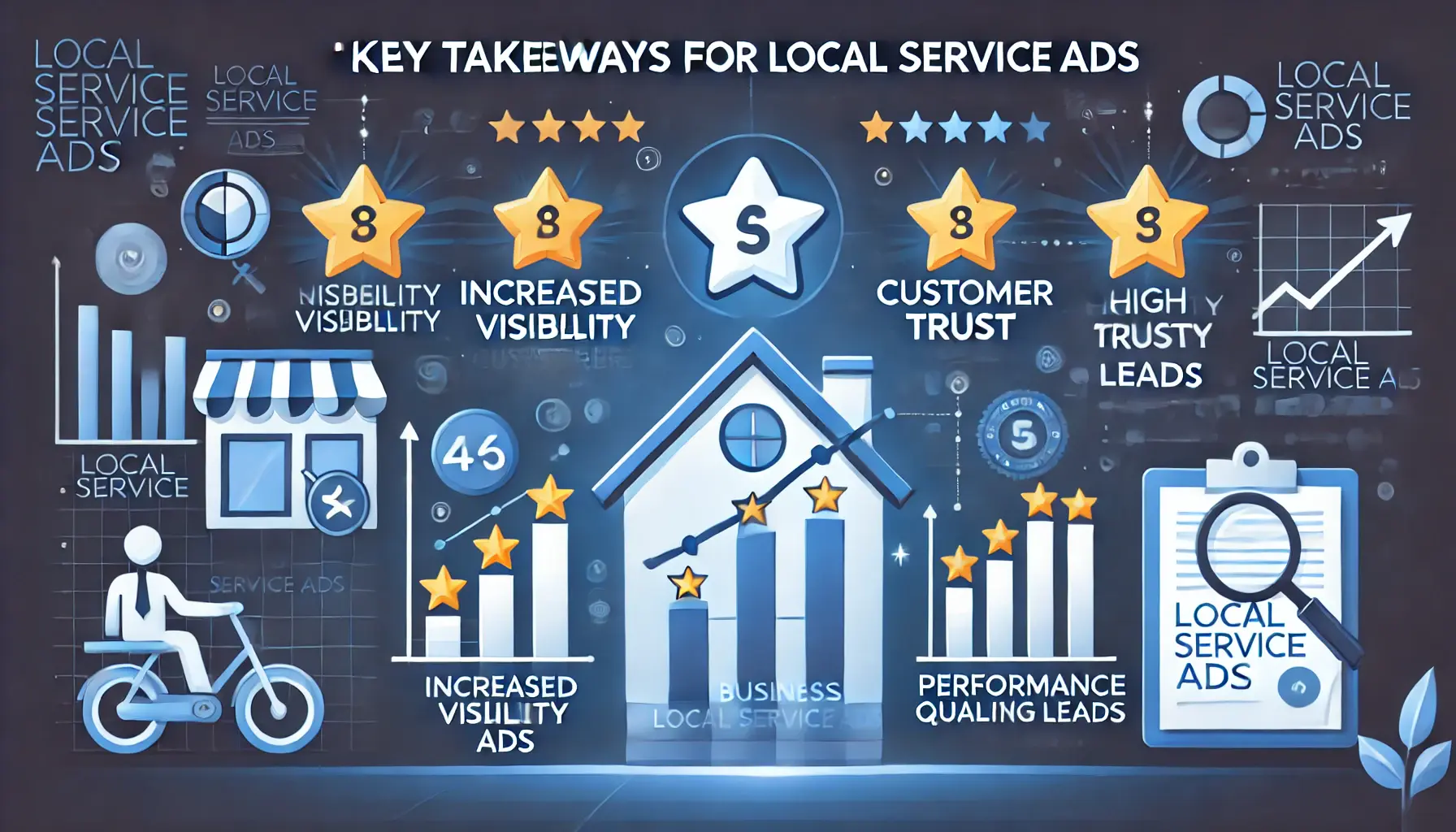 An image showing icons like stars for customer reviews, a business at the top of search results, and performance graphs highlighting success, growth, and trust for Local Service Ads.