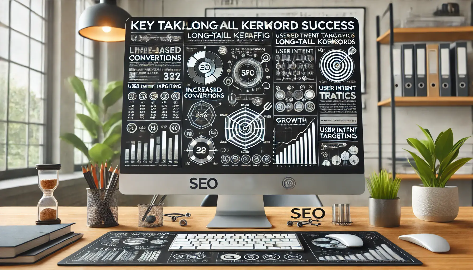 A professional SEO workspace displaying key takeaways from long-tail keyword success with metrics showing increased conversions and traffic