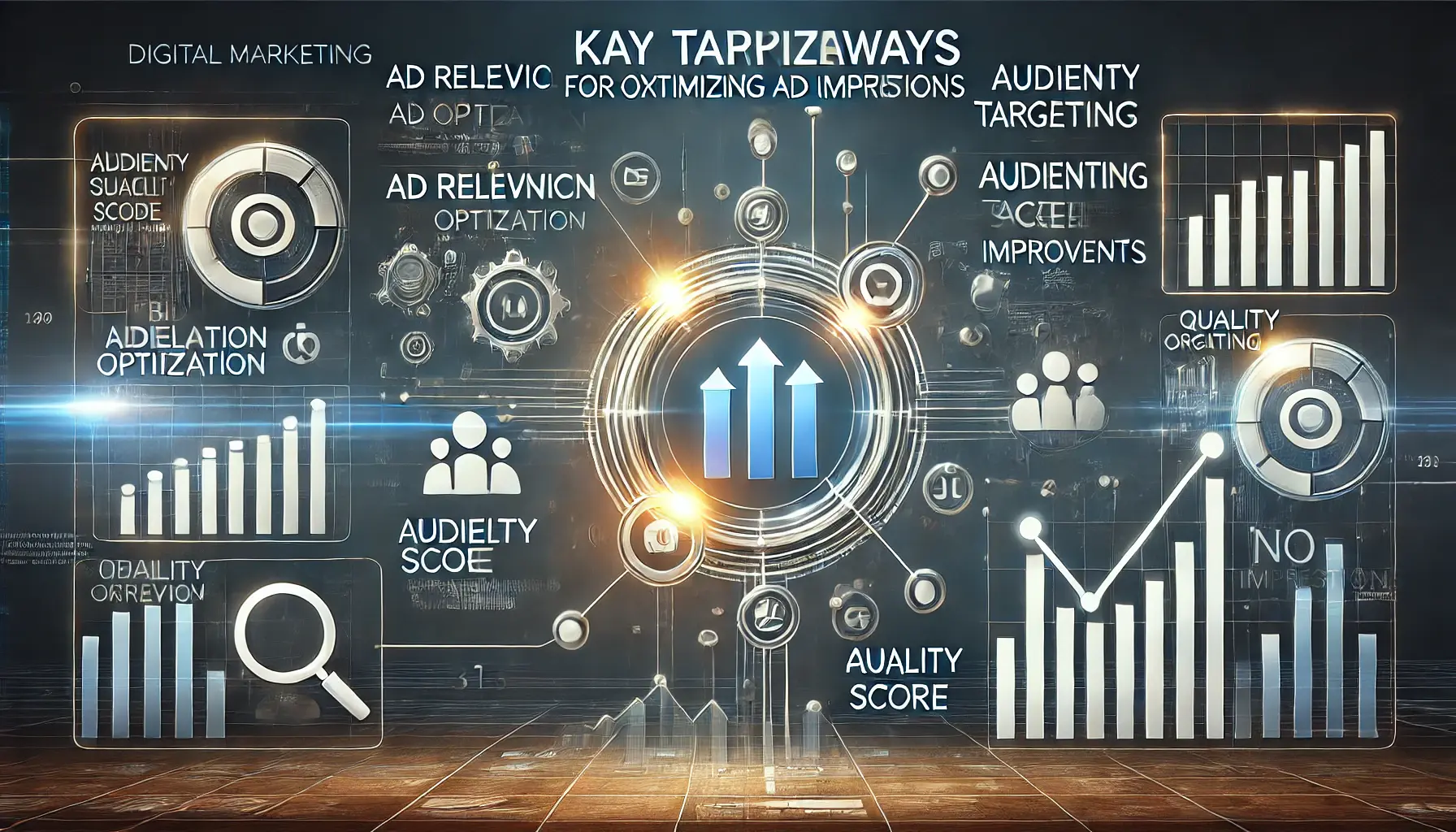 Visualization of key strategies for optimizing ad impressions, featuring elements like ad relevance, bid optimization, and quality score improvements.