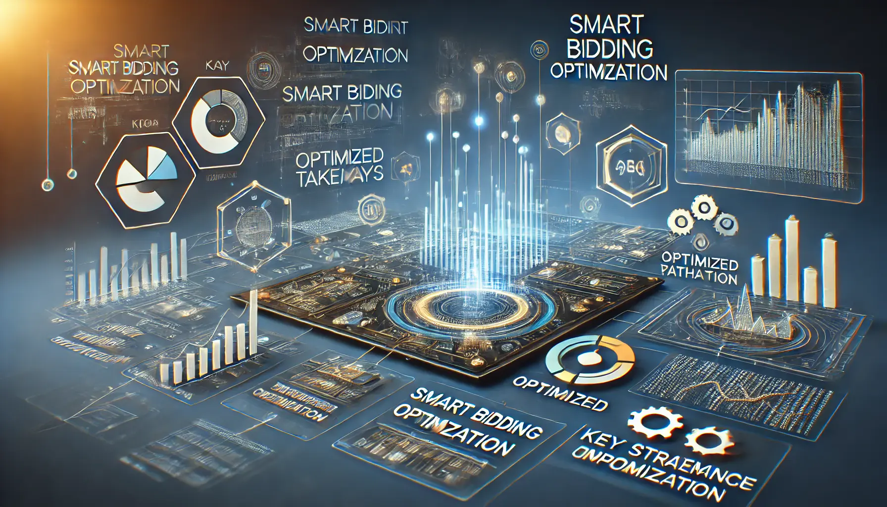 A visual representation of data points, graphs, and optimized pathways symbolizing key strategies for Smart Bidding optimization in digital advertising.