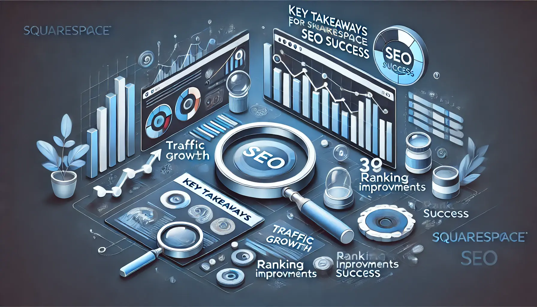 A website dashboard displaying SEO success metrics such as traffic growth, ranking improvements, and performance charts, with symbols like upward-trending graphs and magnifying glasses representing SEO strategies.