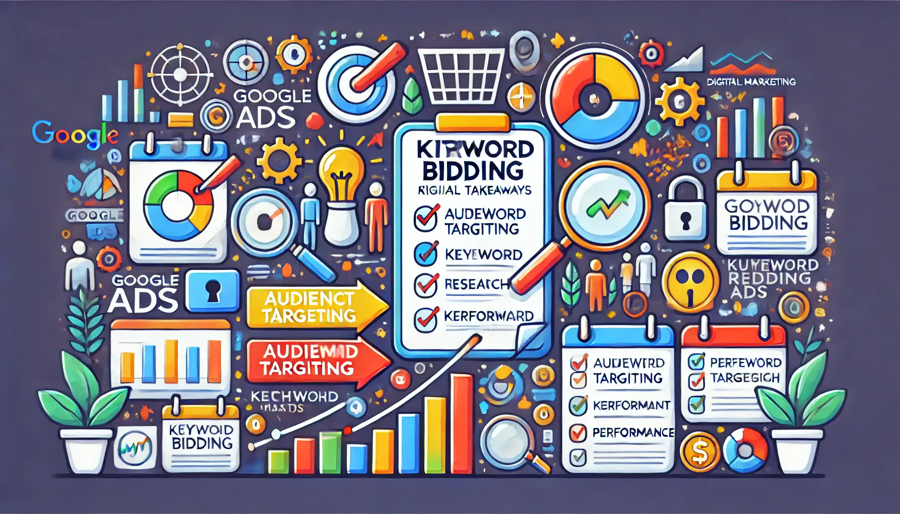 An engaging digital marketing illustration depicting key takeaways for successful keyword bidding, featuring a checklist and upward trending graphs.