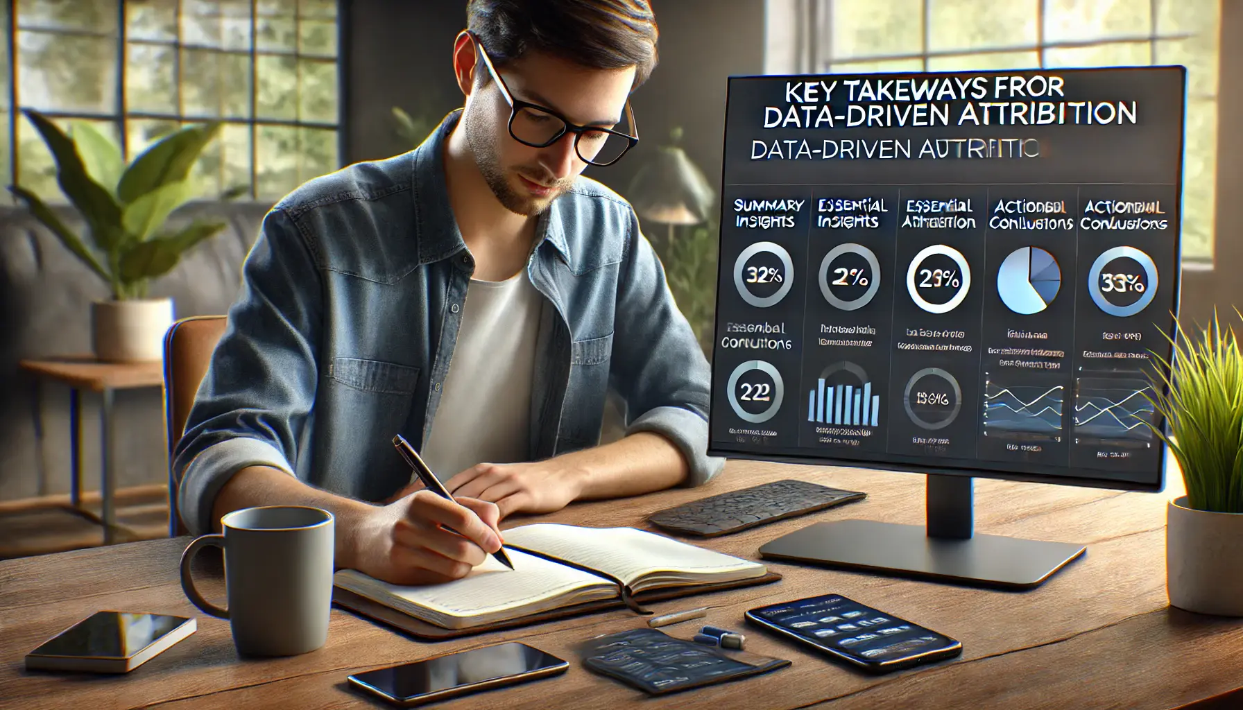 Digital marketer reviewing key takeaways on data-driven attribution on a Google Ads dashboard with summary insights and essential metrics.