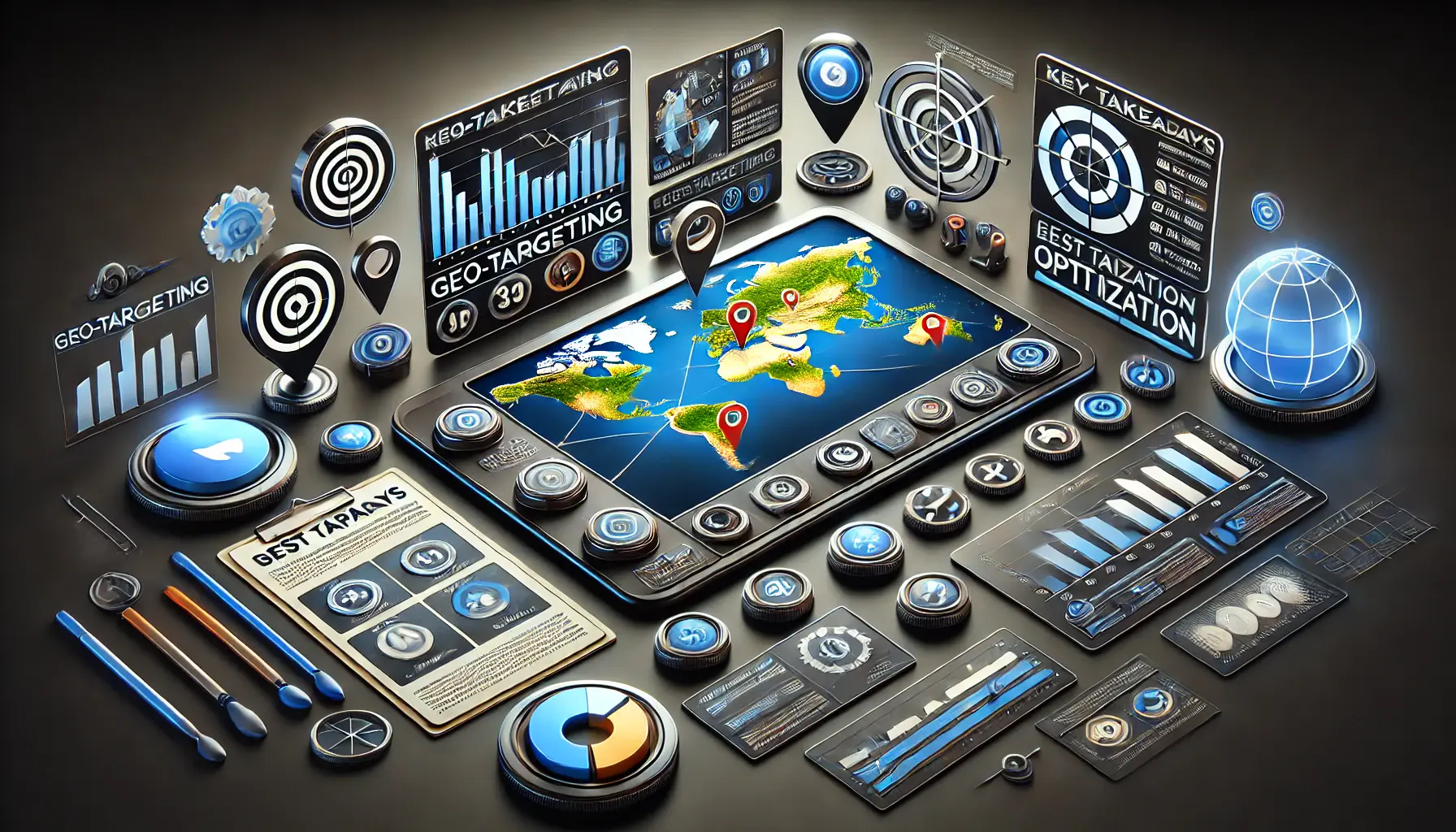 A digital map with regions highlighted for targeting, along with performance metrics and optimization tools representing geo-targeting best practices